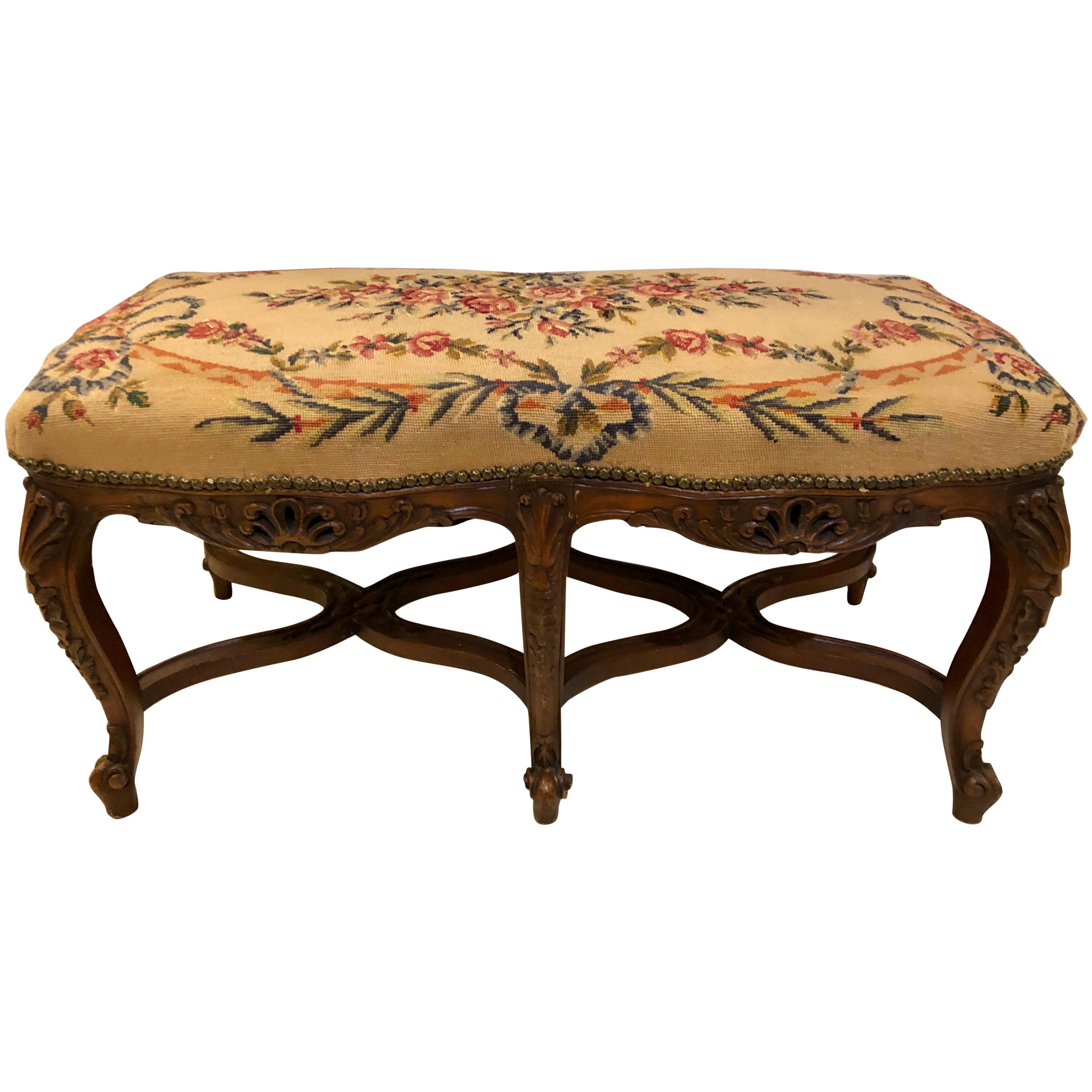 Needlepoint Louis XV Style Window Bench or Footstool