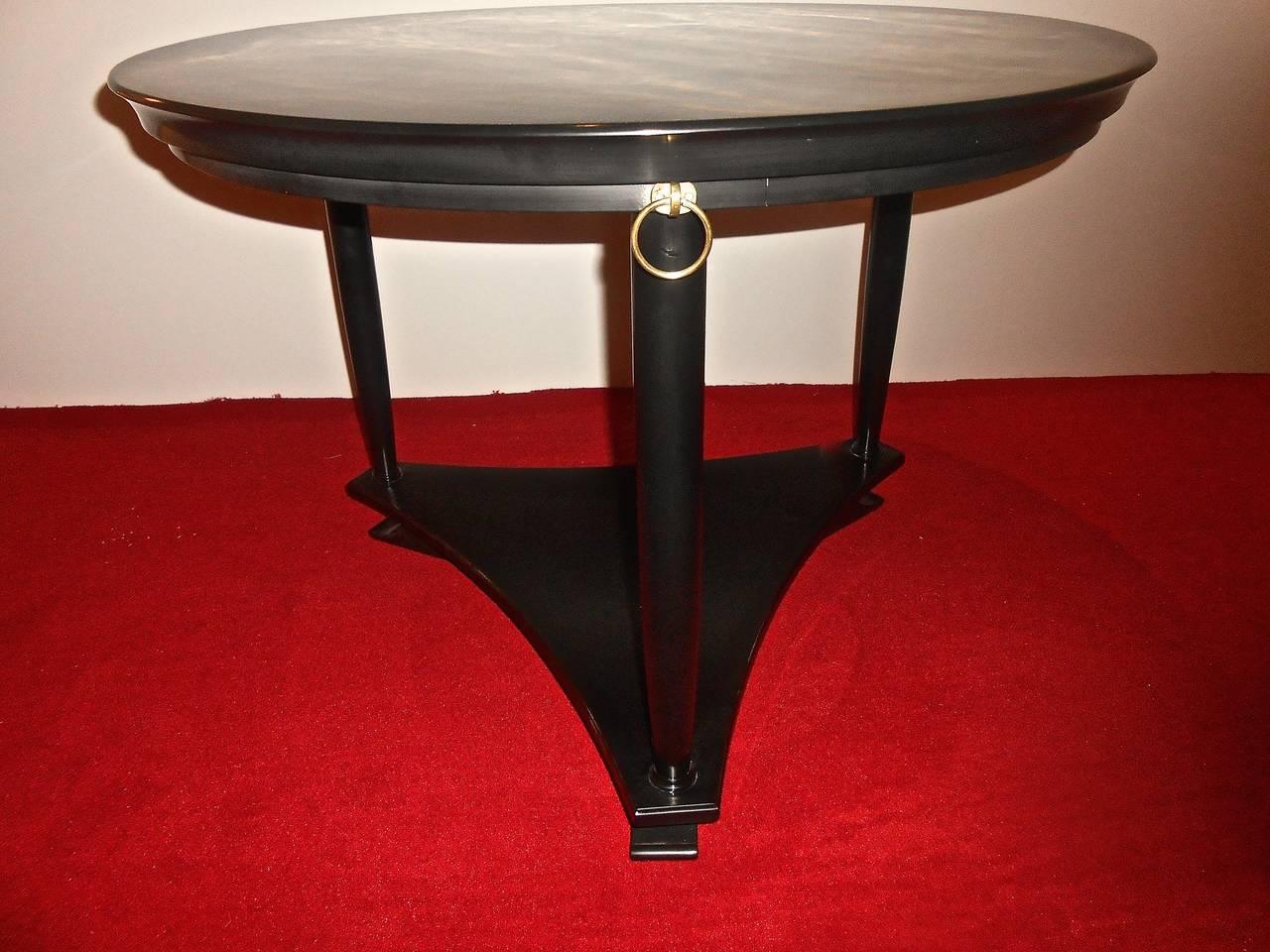 Lacquered Neoclassical Black Lacquer Center Table with Brass Rings, Belgium, 1950
