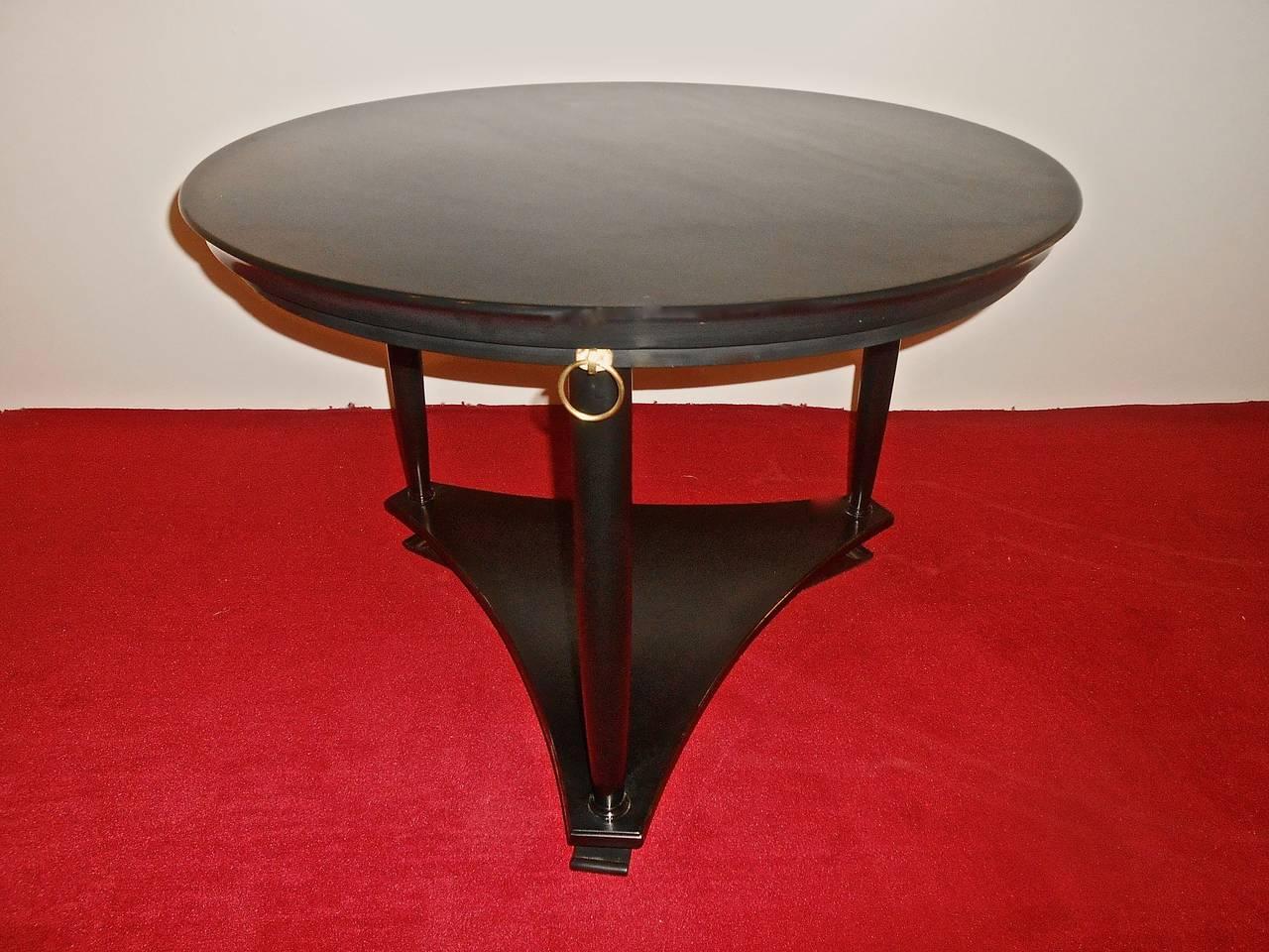 Neoclassical Black Lacquer Center Table with Brass Rings, Belgium, 1950 In Good Condition In Brussels, BE