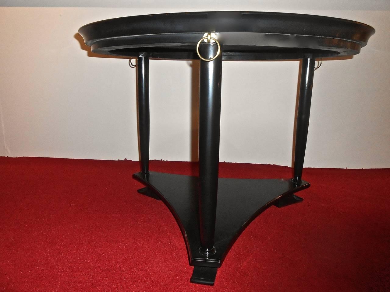 Mid-20th Century Neoclassical Black Lacquer Center Table with Brass Rings, Belgium, 1950