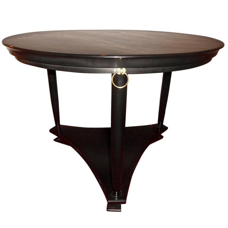 Neoclassical Black Lacquer Center Table with Brass Rings, Belgium, 1950