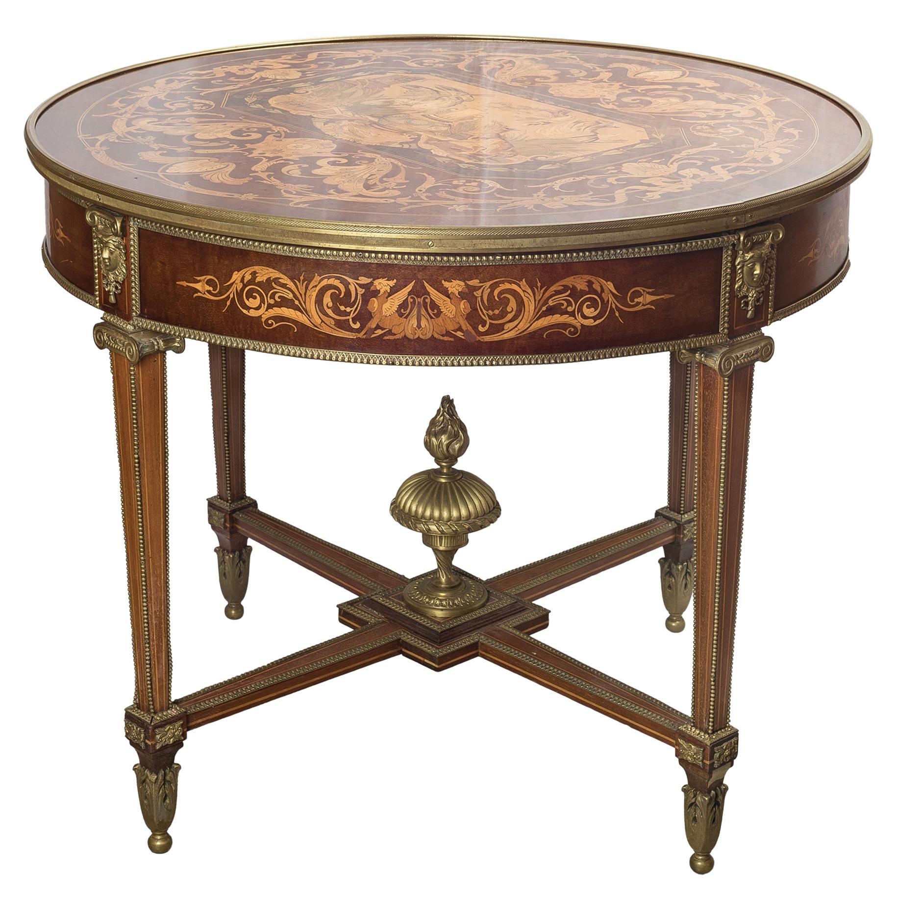 Neoclassical Parquetry and Satinwood Marquetry Center Table For Sale