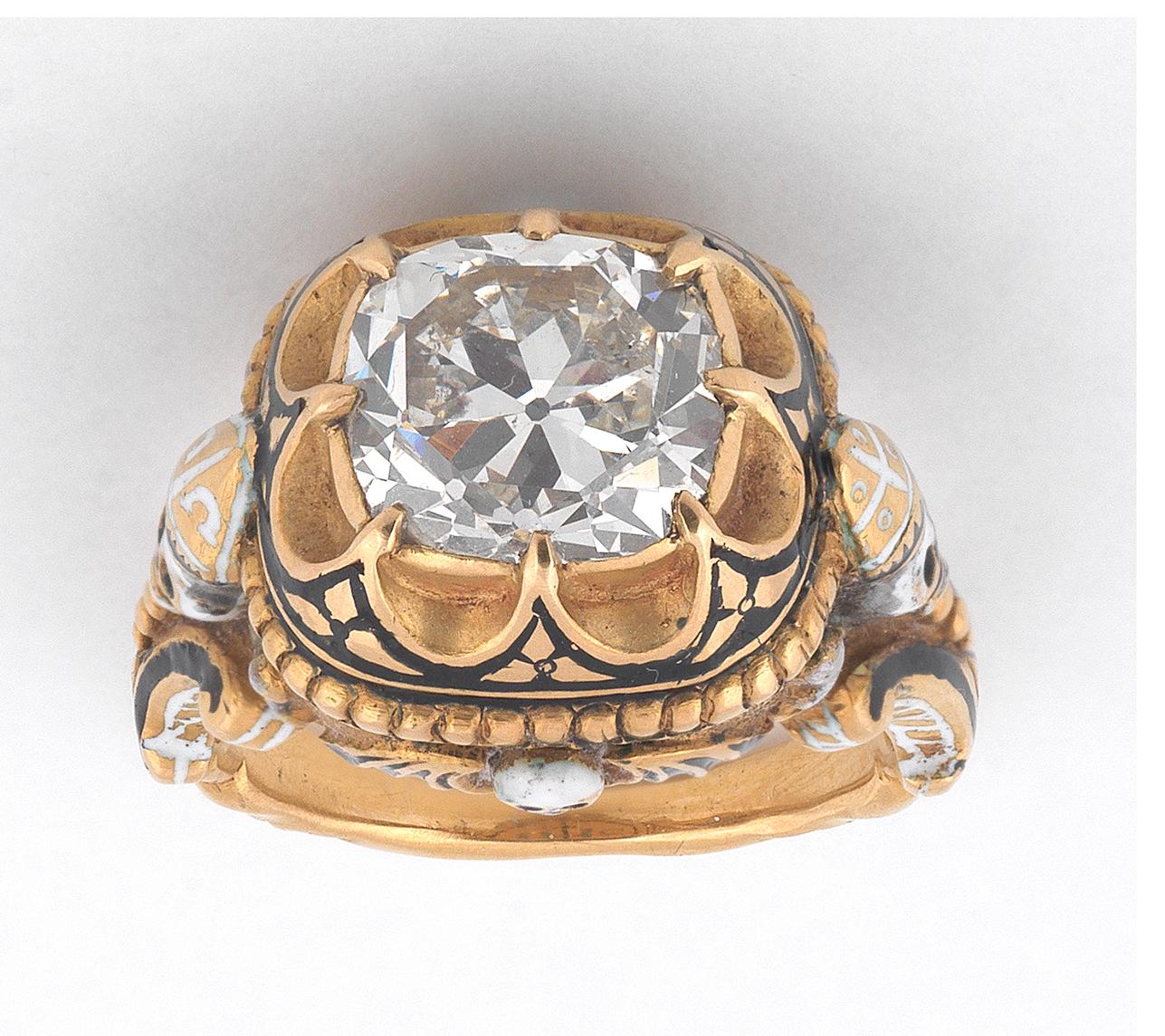Women's or Men's Neo Renaissance Enamel and Old Cut Diamond 5 Carat Ring