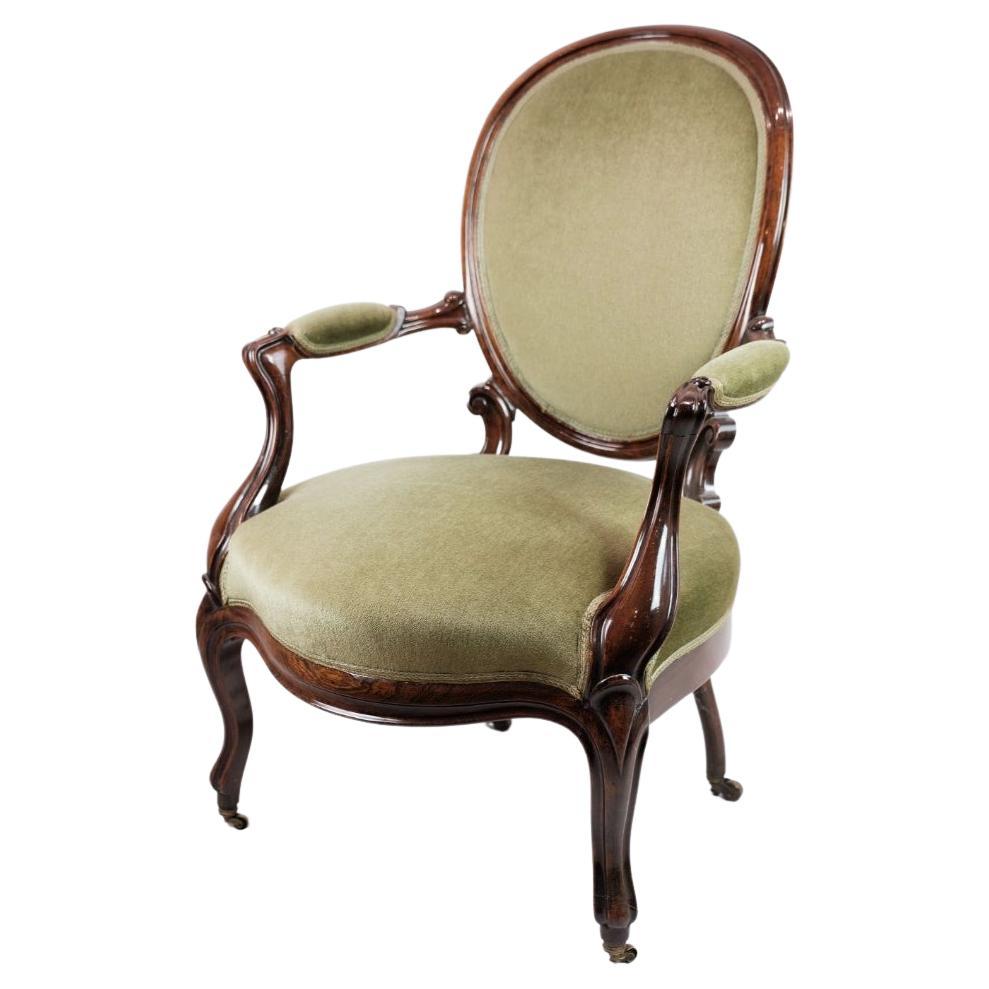 Neo-Rococo Armchair in Mahogany with Brand Green Velour Upholstery