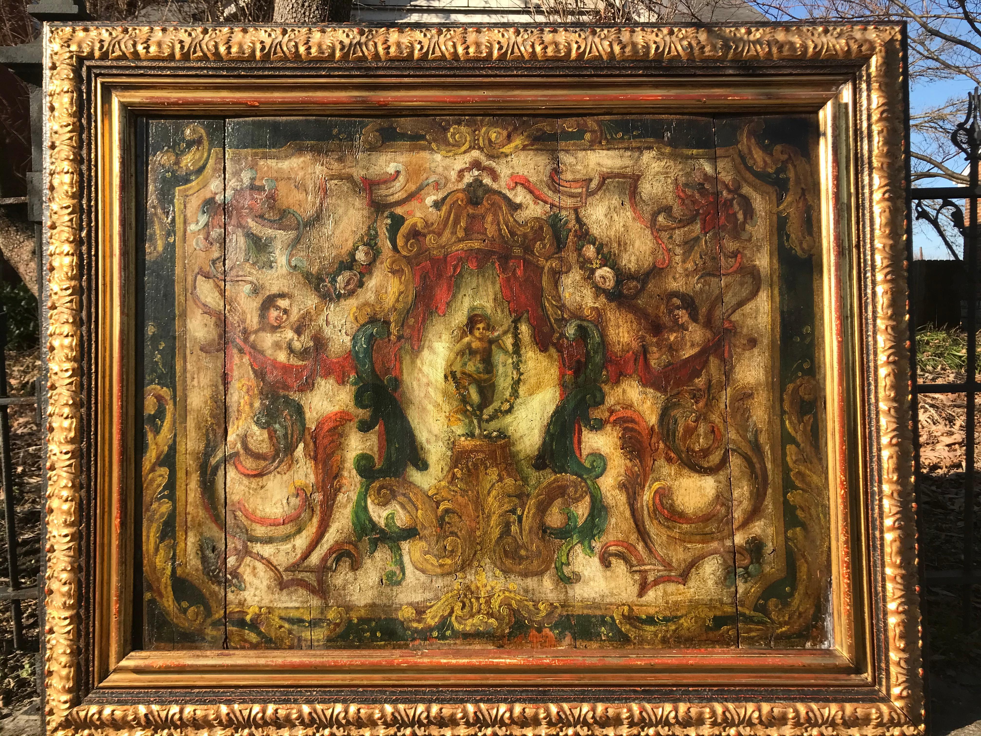 Neoclassical Boiserie Overdoor Painted Panel In Distressed Condition In Nashville, TN