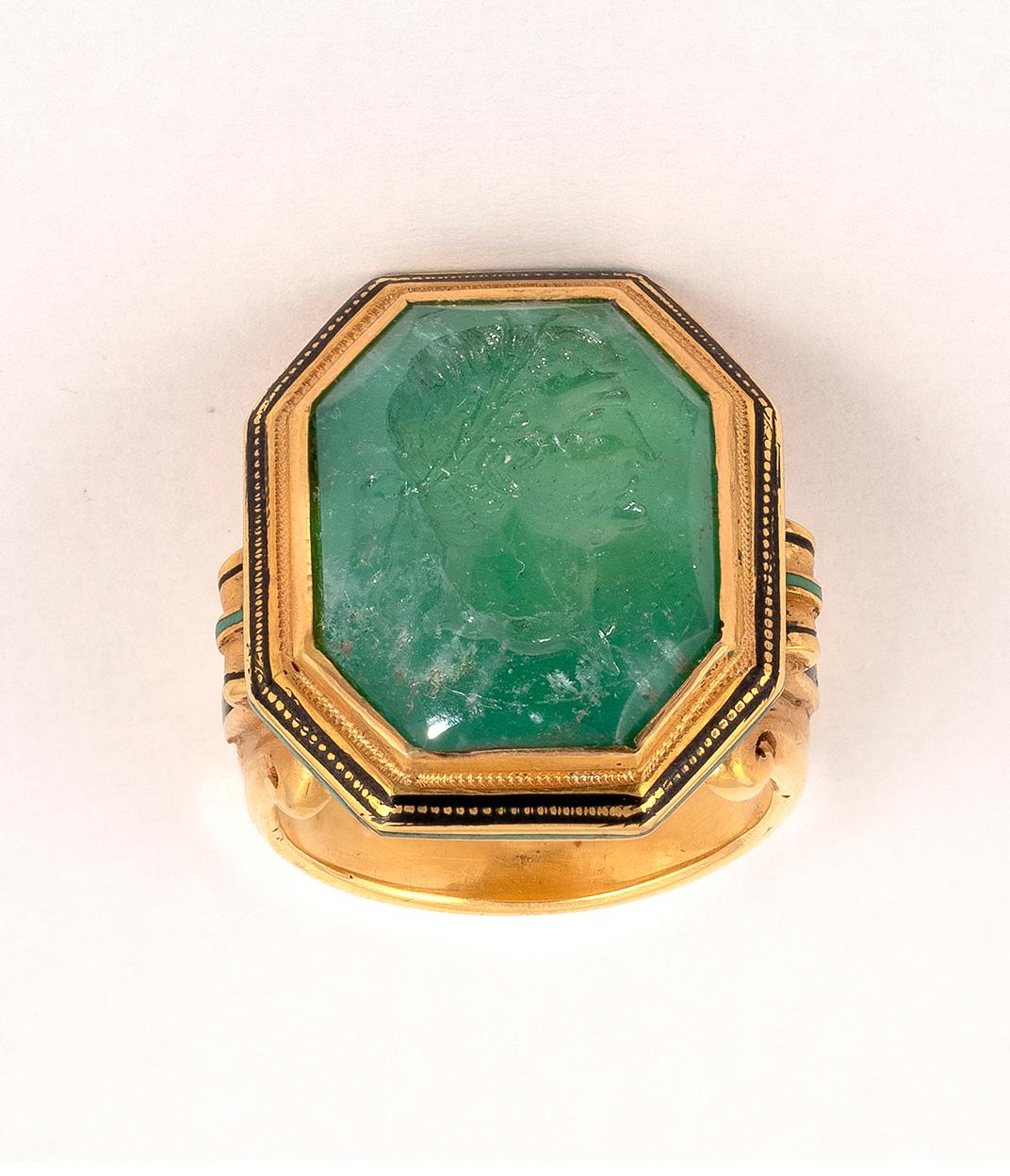 Emerald Cut Neoclassical Carved Emerald Intaglio Ring