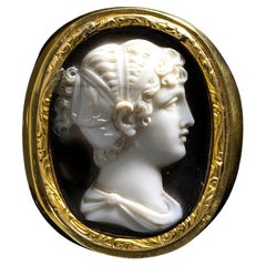 A Neoclassical Onyx Cameo Set in Gold Ring — Bust of Sappho
