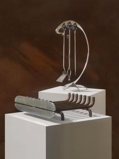 A Neoclassical SPACE-AGE ANDIRONS & FIRE SET by JEAN PAUL, France 1970