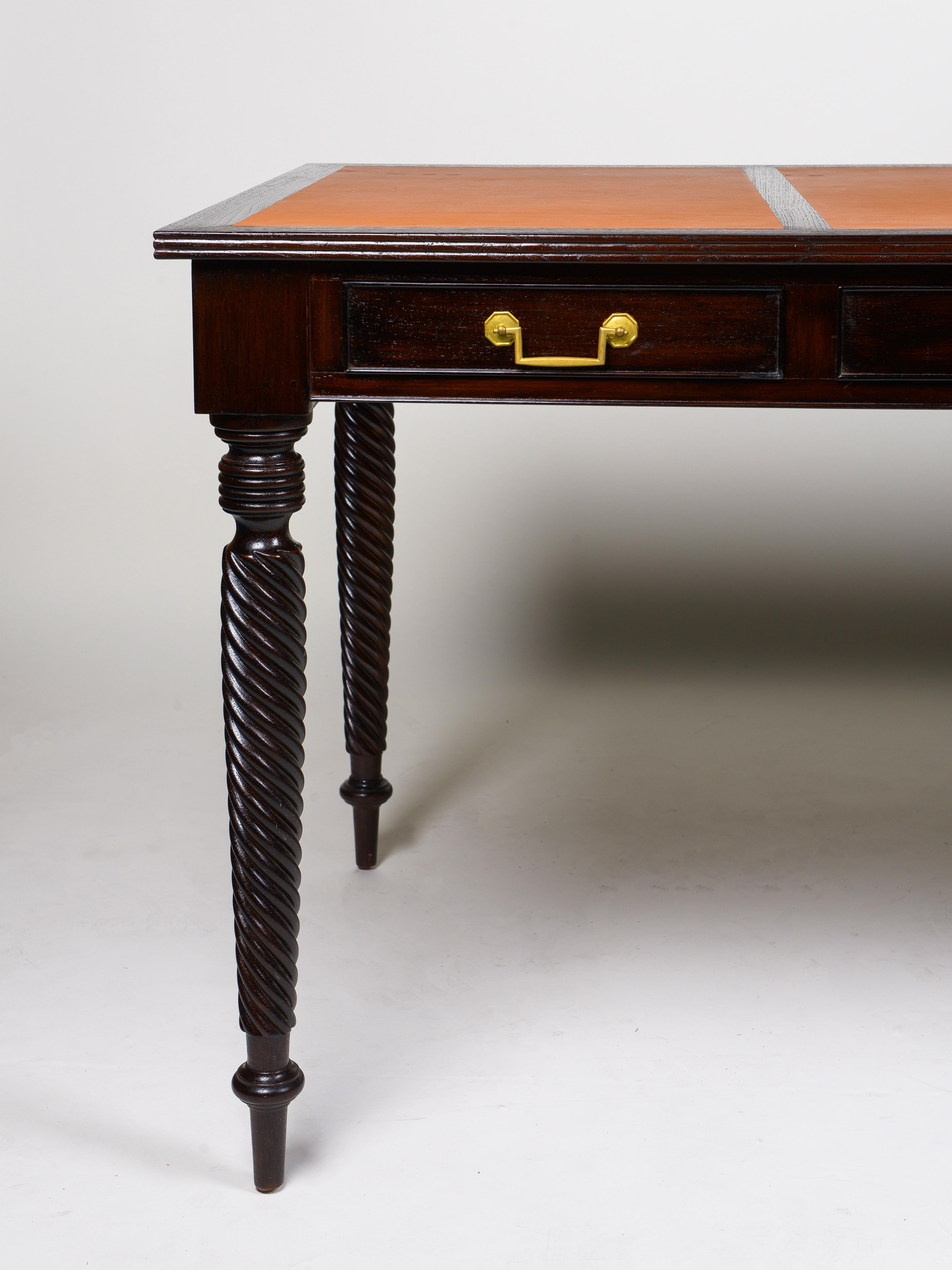 Brass Neoclassical Style Mahogany-Stained Wood and Leather-Lined Writing Table For Sale