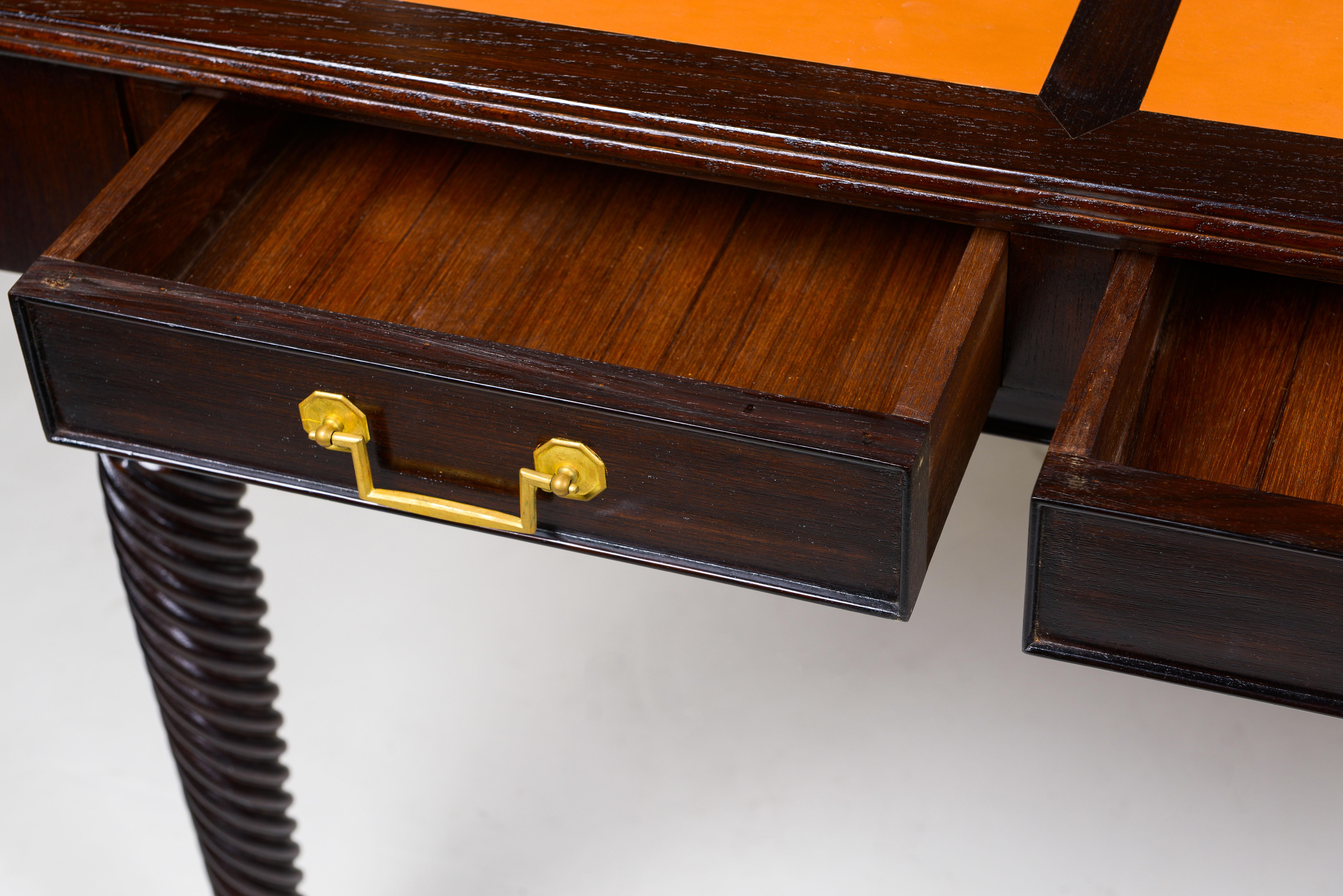 Neoclassical Style Mahogany-Stained Wood and Leather-Lined Writing Table For Sale 3