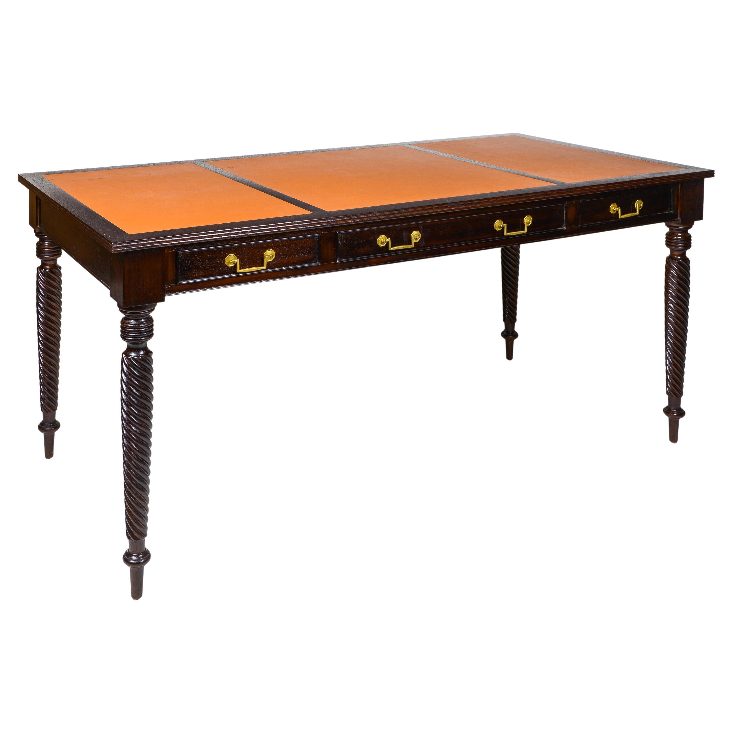 Neoklassischer Schreibtisch aus Mahagoniholz, gebeiztem Holz und mit Leder gefüttertem Schreibtisch