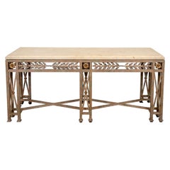 Neoclassical Style Metal and Travertine Style Top Console Table