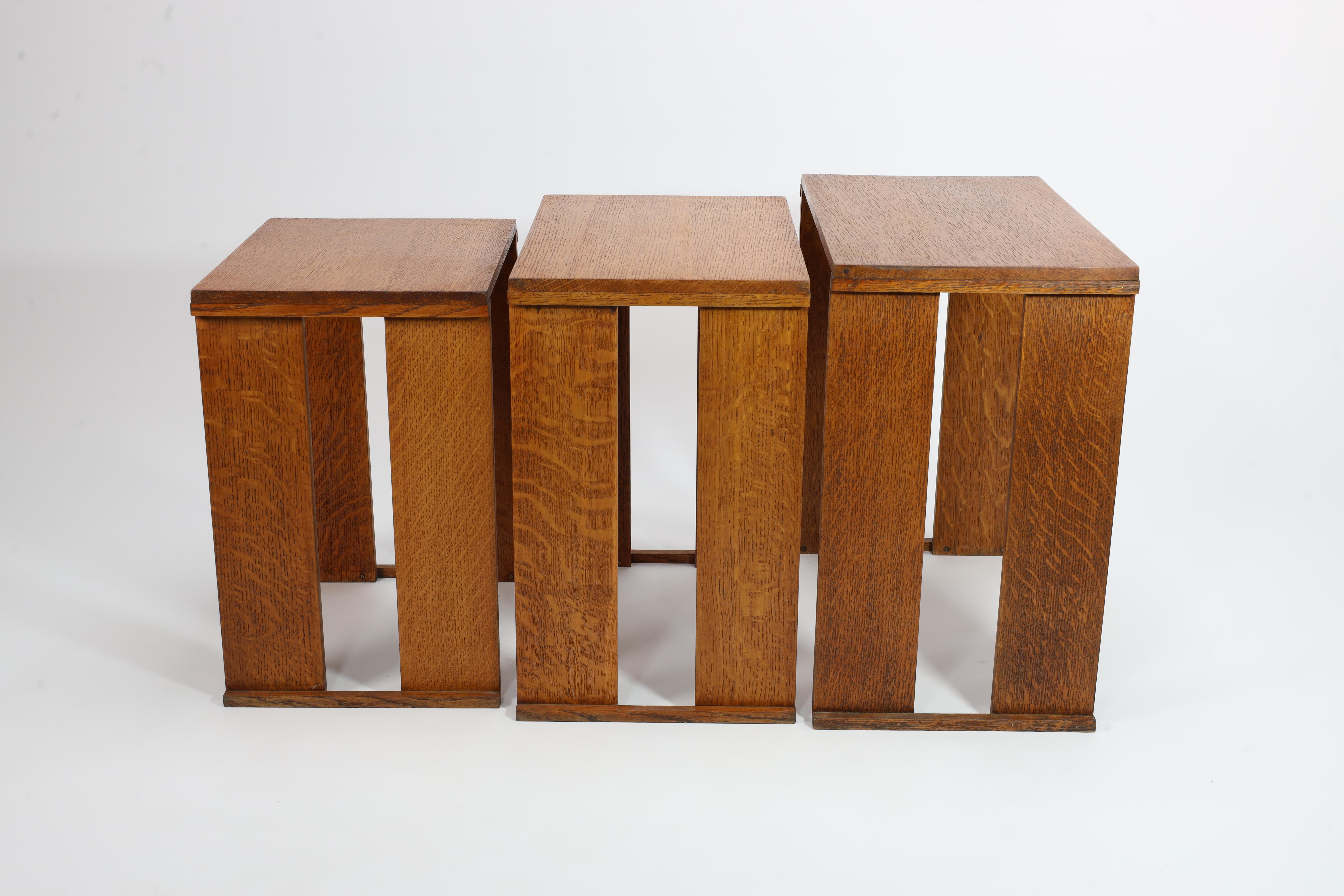 A nest of three Art Deco light oak side tables of planked construction.
Small - Height: 43.5 cm x Width: 34 cm x Depth: 27.5 cm
Medium - Height: 45.5 cm x Width: 40 cm x Depth: 27.5 cm
Large - Height: 47 cm x Width: 46 cm x Depth: 27.5 cm