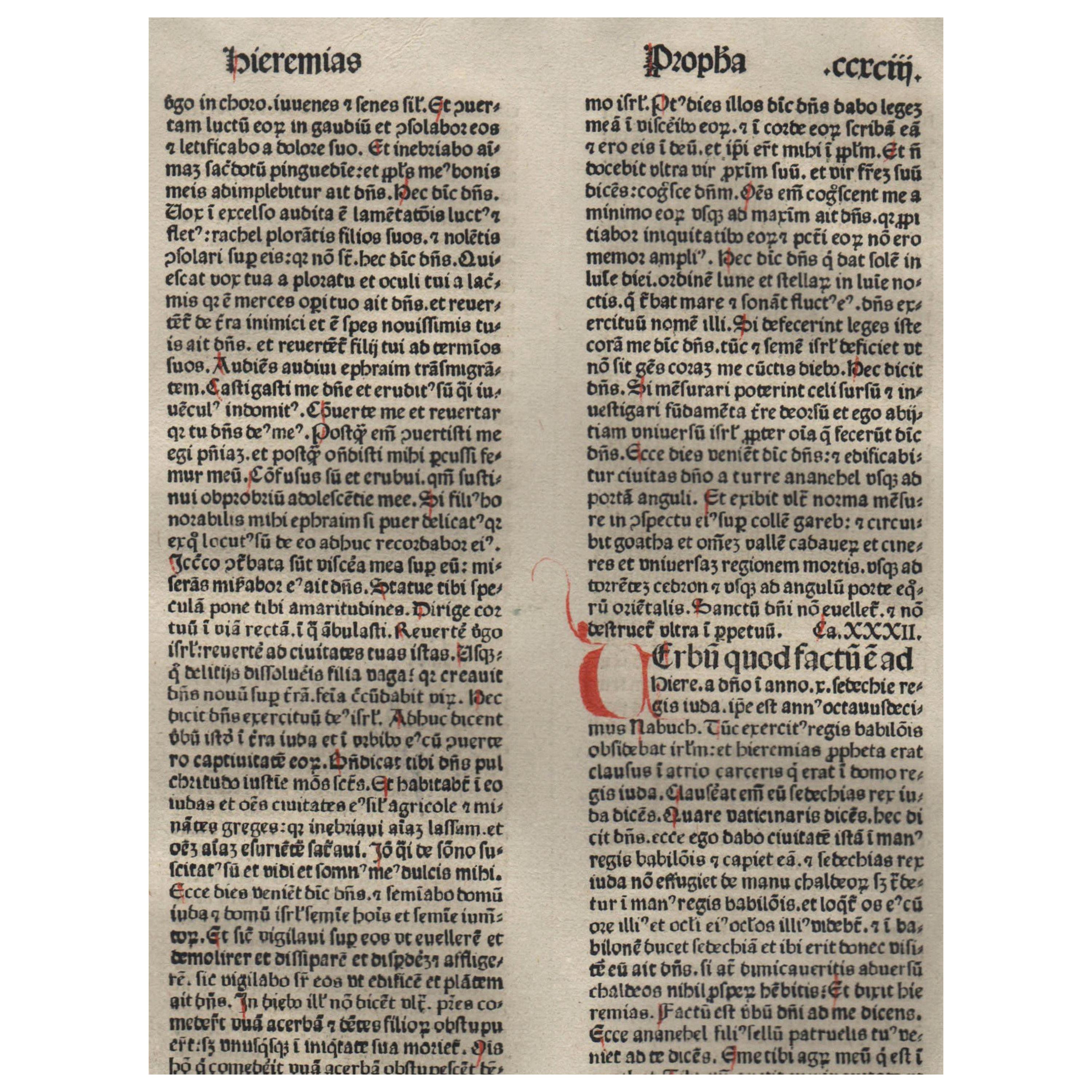 "A New Covenant" Jeremiah 31-32, 1479 Large Latin Bible Leaf Medieval Incunabula For Sale