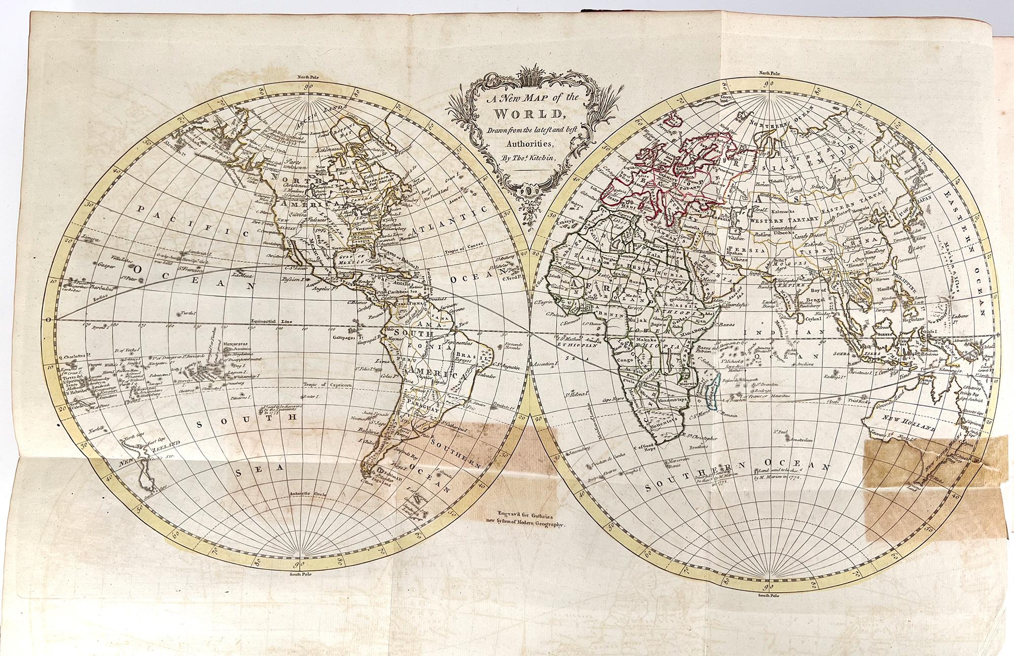 Un nouveau système de géographie moderne ; ou une grammaire géographique, historique et commerciale ; et l'état actuel des royaumes du monde. Cartes gravées par M. Kitchin, C. C. et G. Robinson, Londres, cartes coloriées à la main : Le monde, la