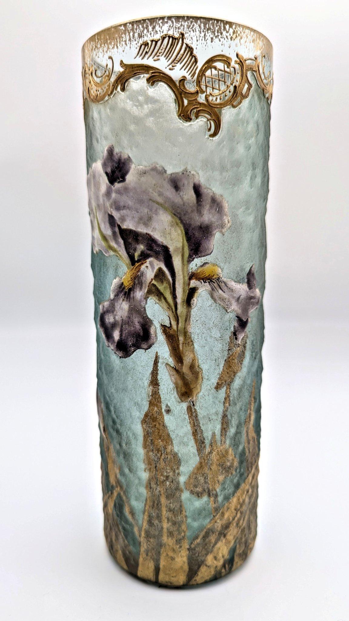 A nice and early floral art nouveau Vase with enamel painted Iris blossoms and leaves made by Legras in Saint Denis - Paris ca. 1895. Signed and sold as a part of the companies 