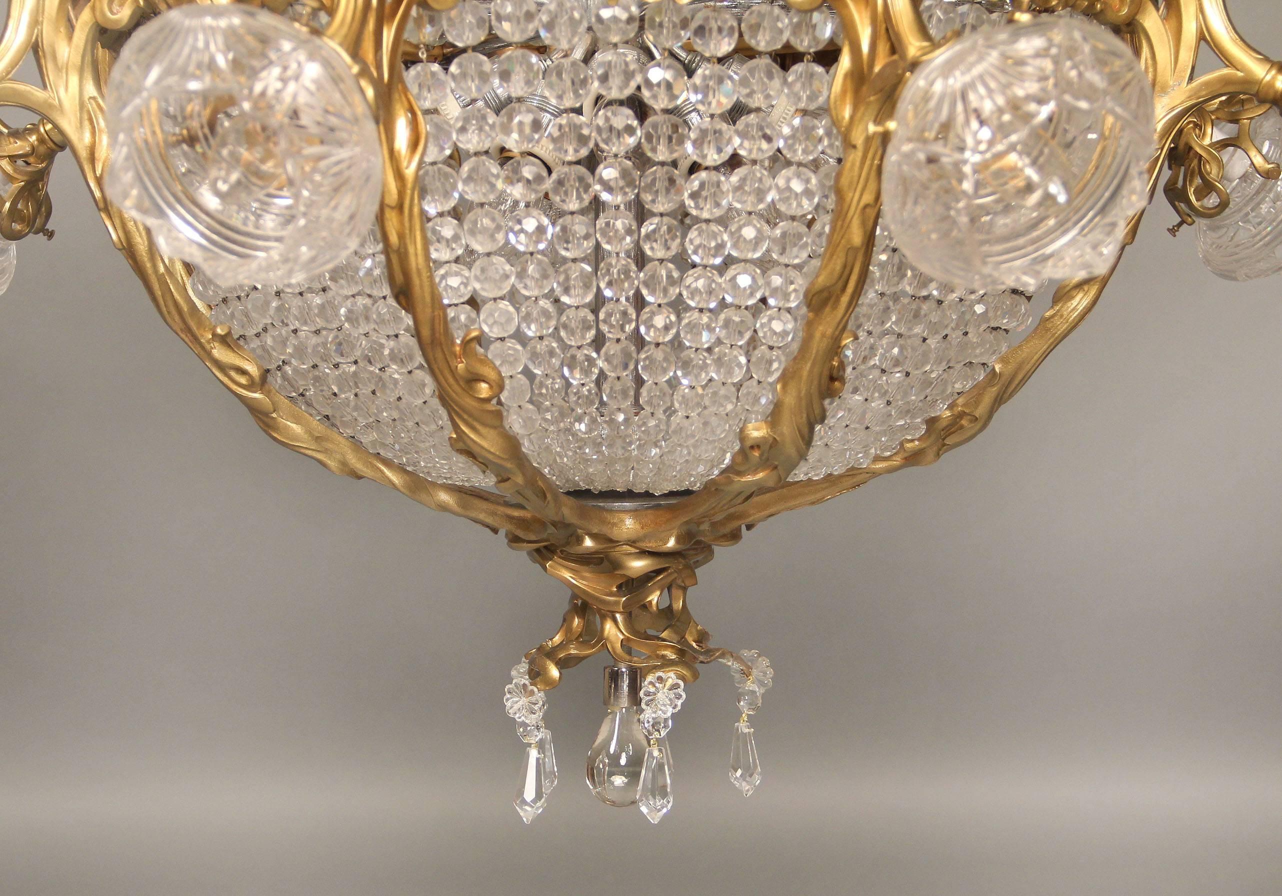 Belle Époque Nice Early 20th Century Gilt Bronze and Crystal Basket Chandelier For Sale