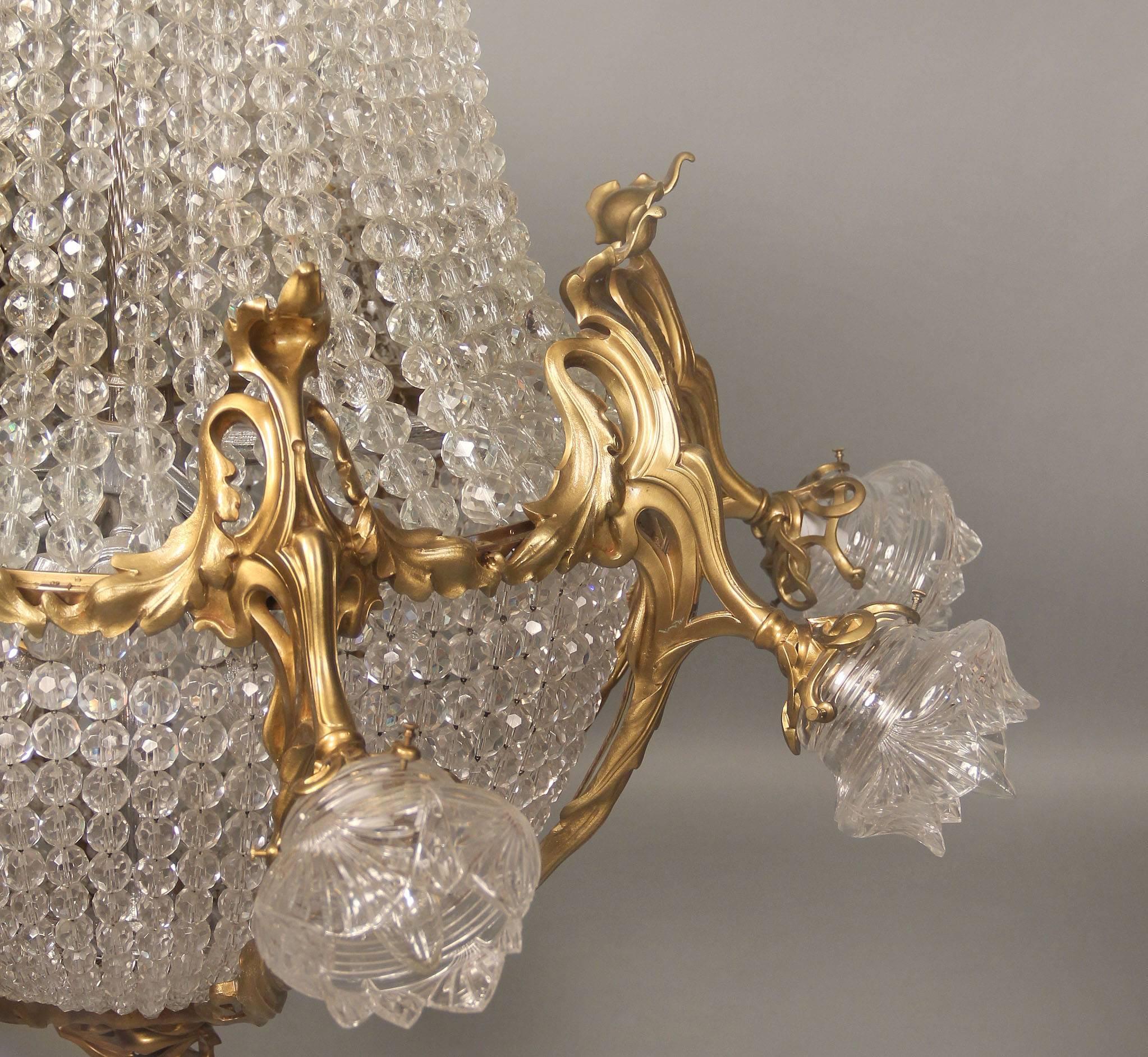 French Nice Early 20th Century Gilt Bronze and Crystal Basket Chandelier For Sale