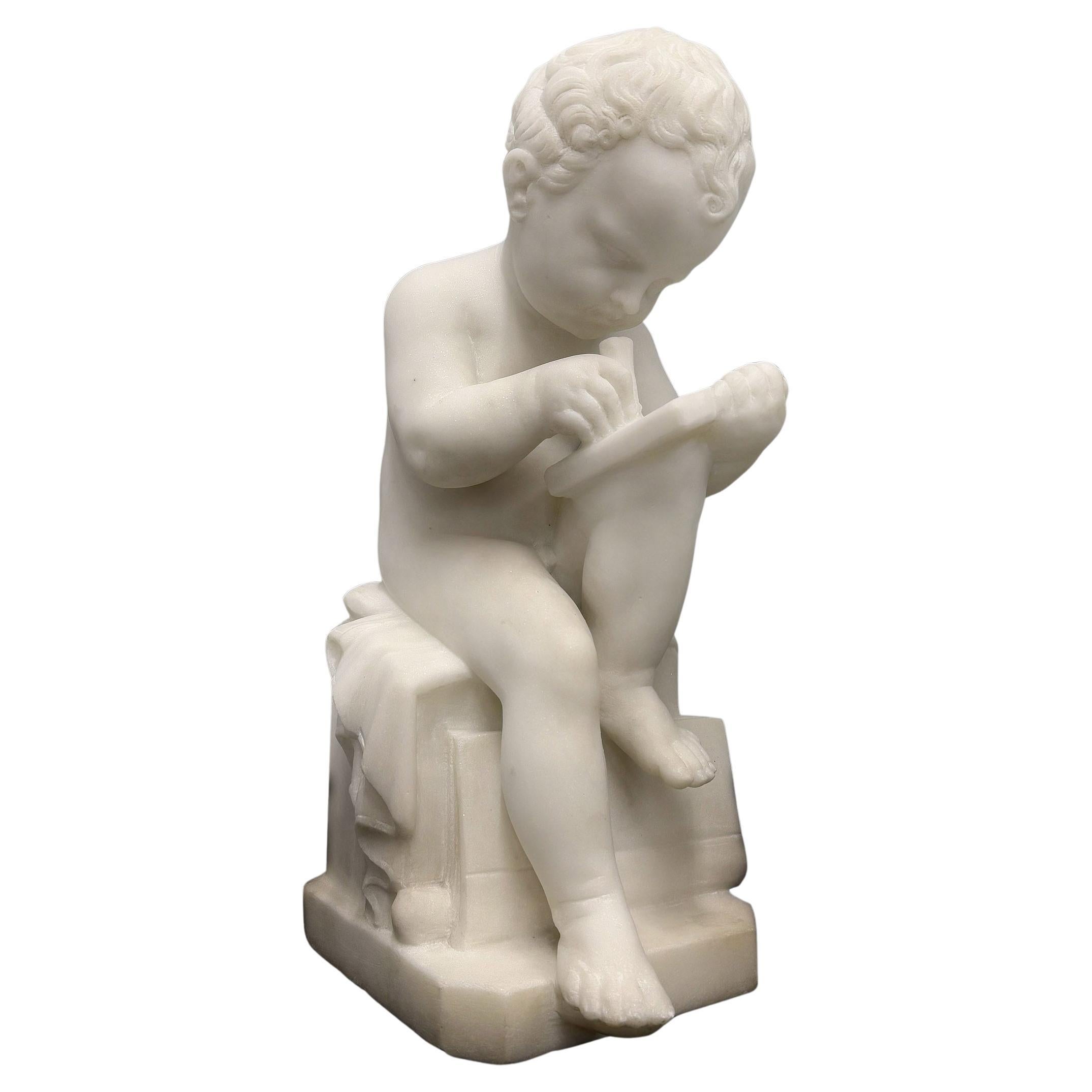 A Nice Late 19th Century Italian White Carrara Marble of a Boy Sketching