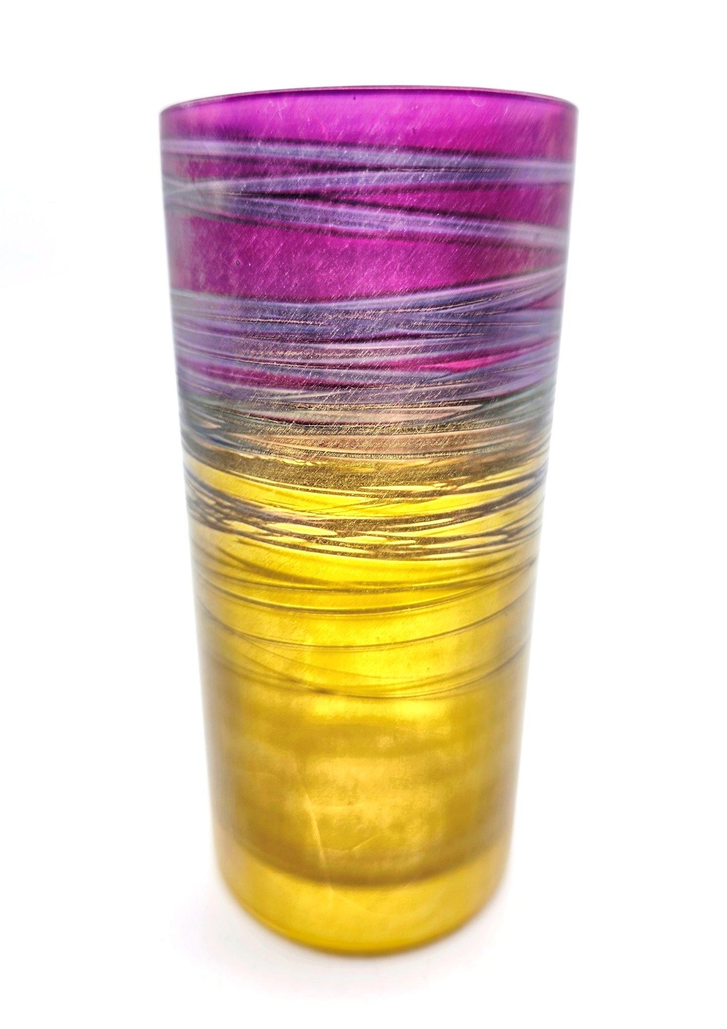 A good vase by Isgard Moje-Wohlgemuth and Klaus Moje from 1978, when the two were still a couple, living and working in Hamburg. The blank painted with dissolved metal compounds in yellow, violet, copper and silver grey before being placed into the