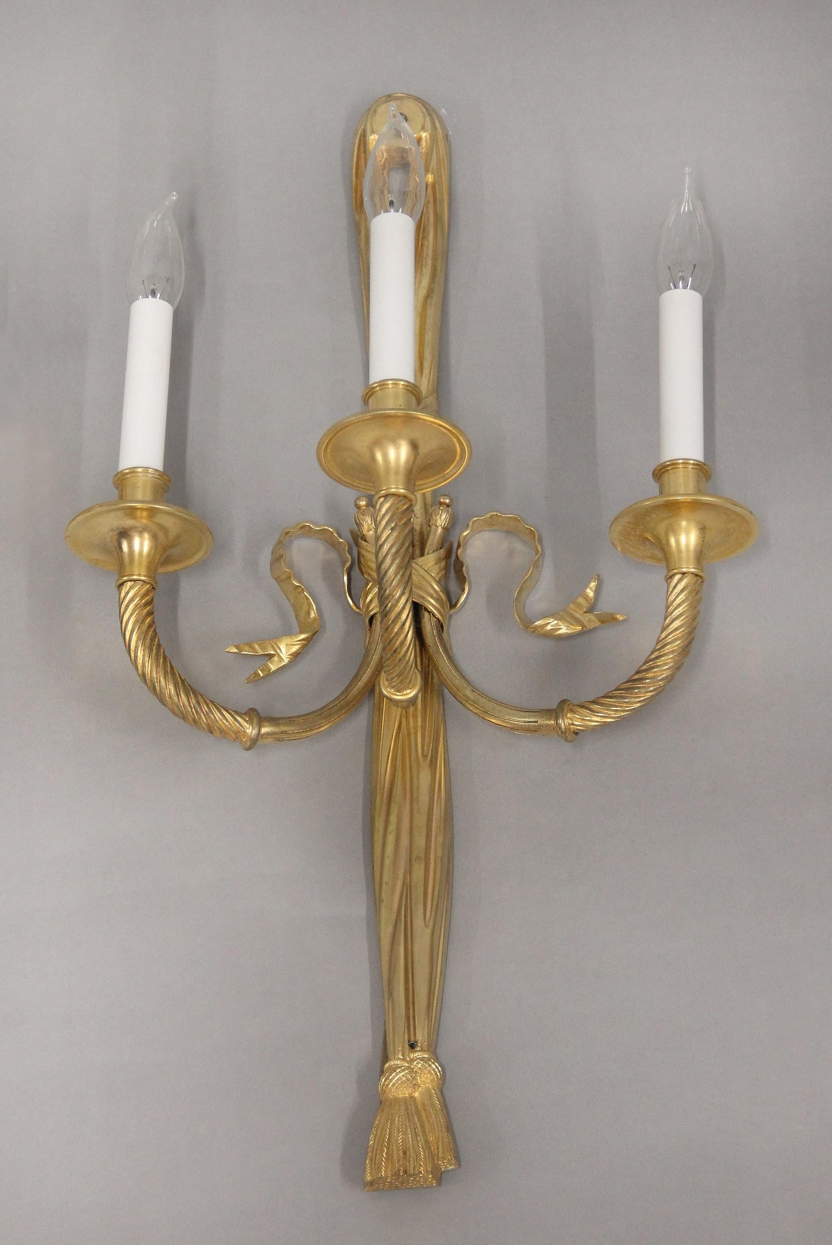 Belle Époque A Nice Pair of Early 20th Century Gilt Bronze Three Light Sconces For Sale