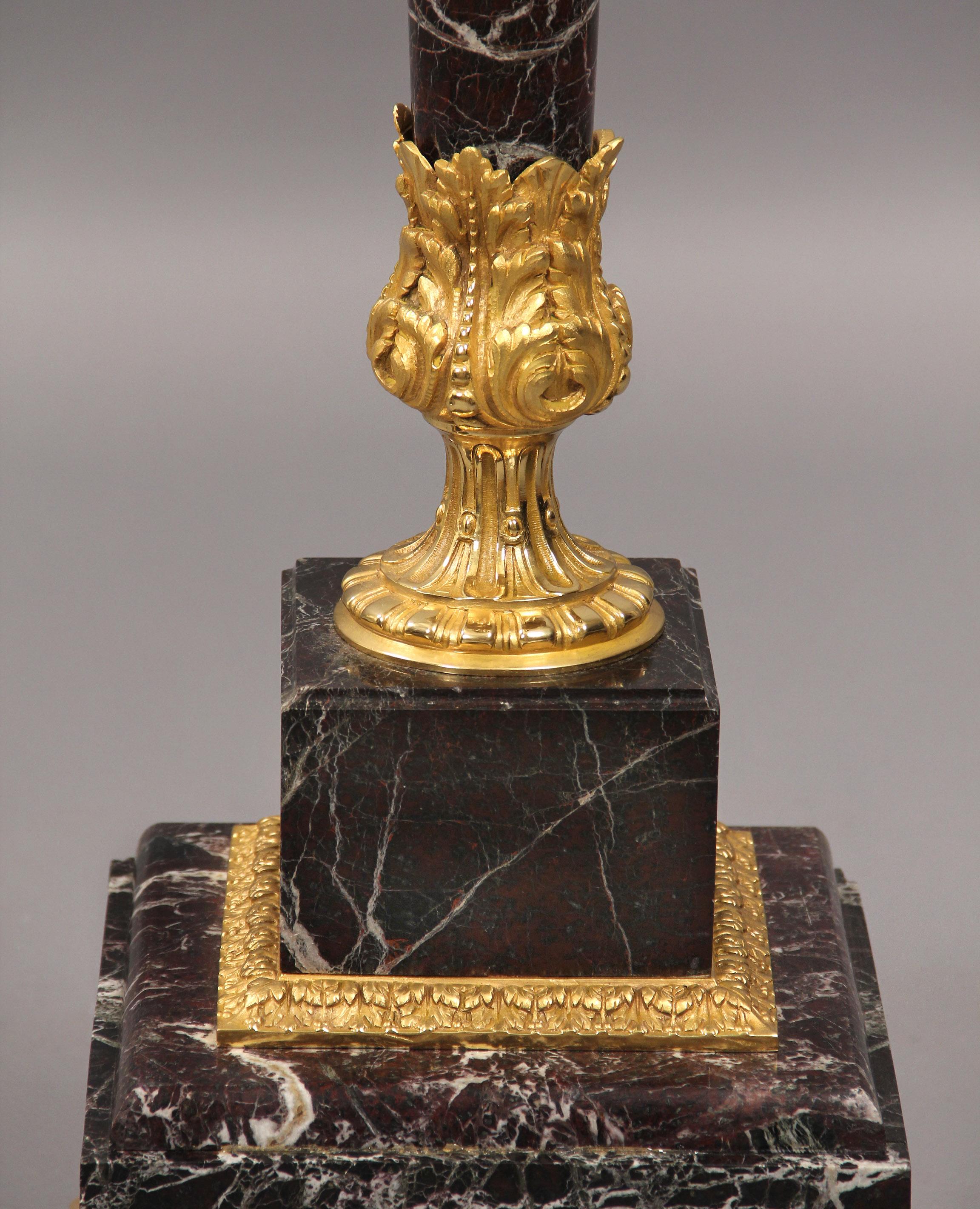 French A Nice Pair of Late 19th Century Gilt Bronze Mounted Marble Pedestals For Sale