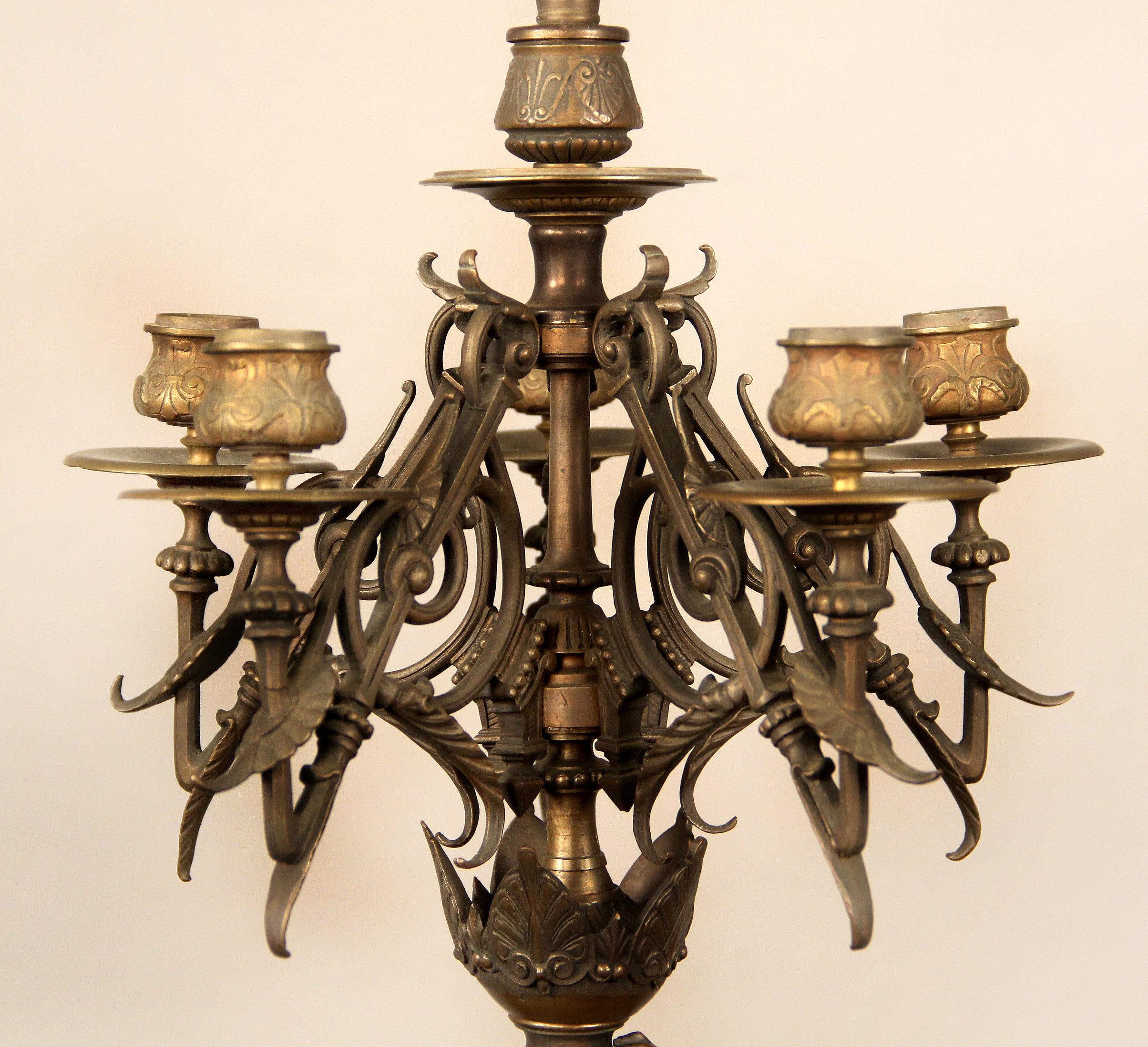 Patinated Nice Pair of Late 19th Century Patina Bronze Figural Candelabra Lamps For Sale