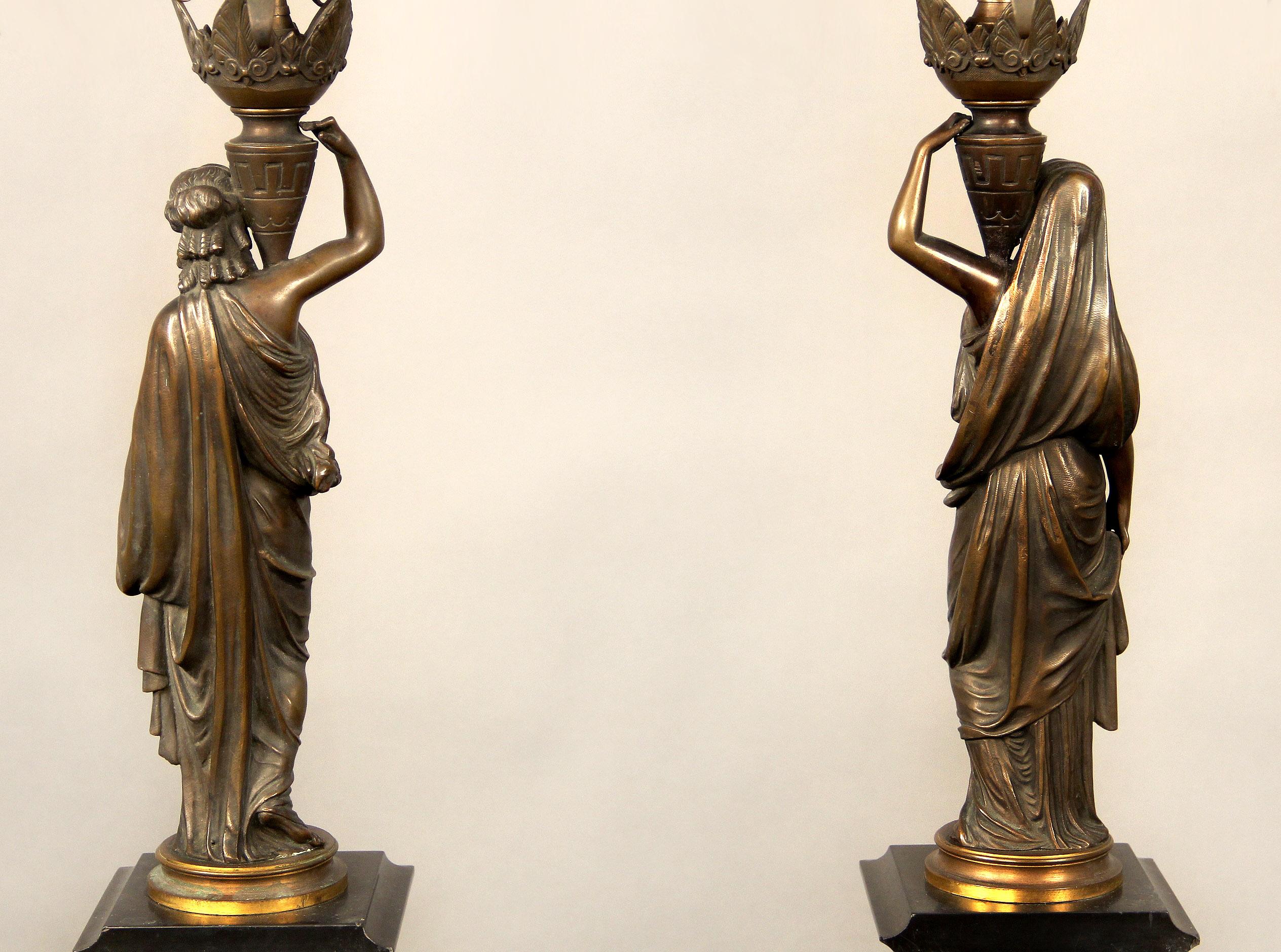 Nice Pair of Late 19th Century Patina Bronze Figural Candelabra Lamps In Good Condition For Sale In New York, NY