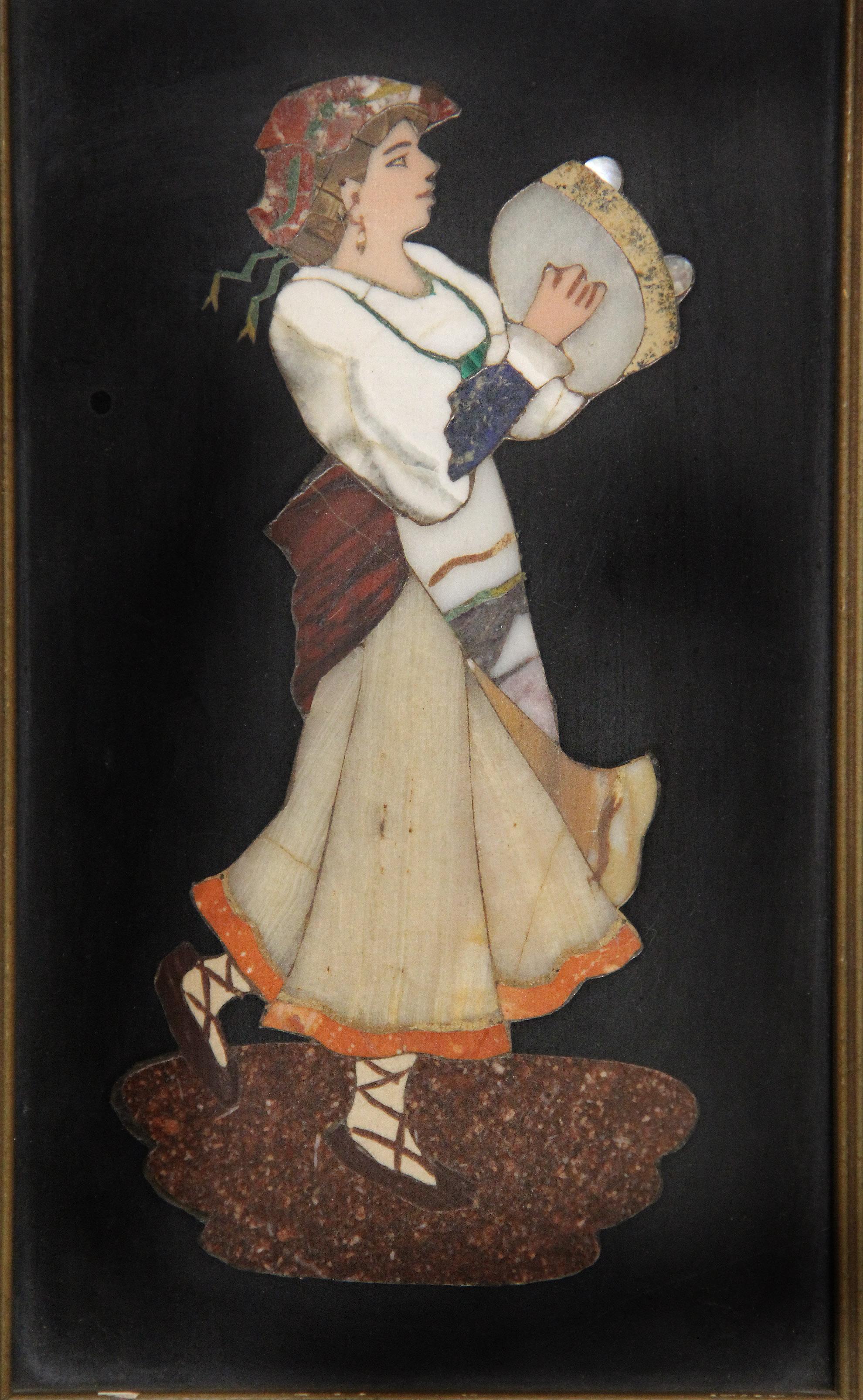 A Nice pair of late 19th/early 20th century Italian Pietra Dura plaques

Depicting a male and female musician. Beautifully designed with Marble, Lapis, Malachite, Porphyry, Quartz and Agate, among other stones.

Plaque:
Height – 8.5 inches /
