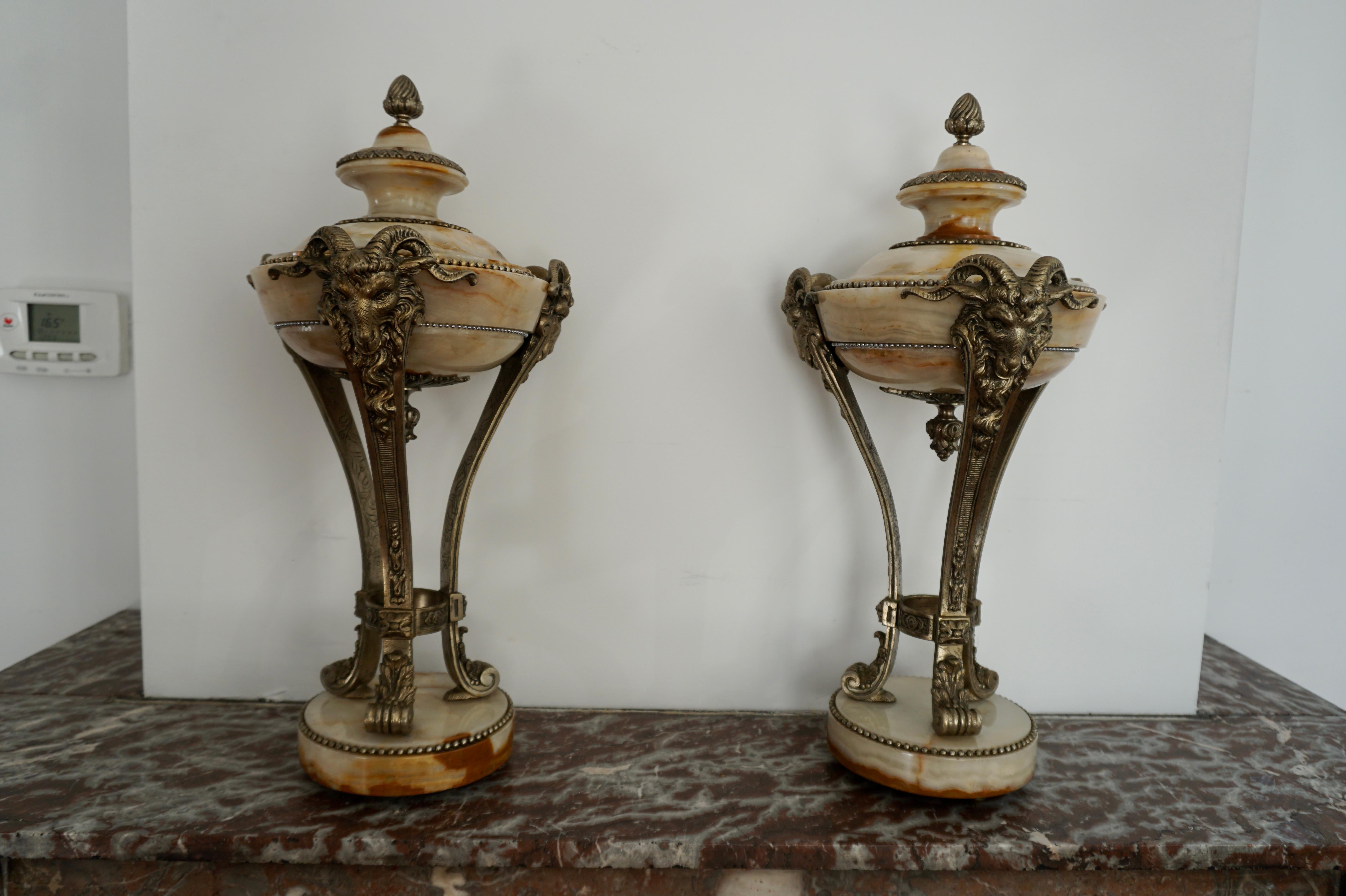 Metal A Nice Pair of Onyx and Silvered Bronze Ornamental Vases For Sale