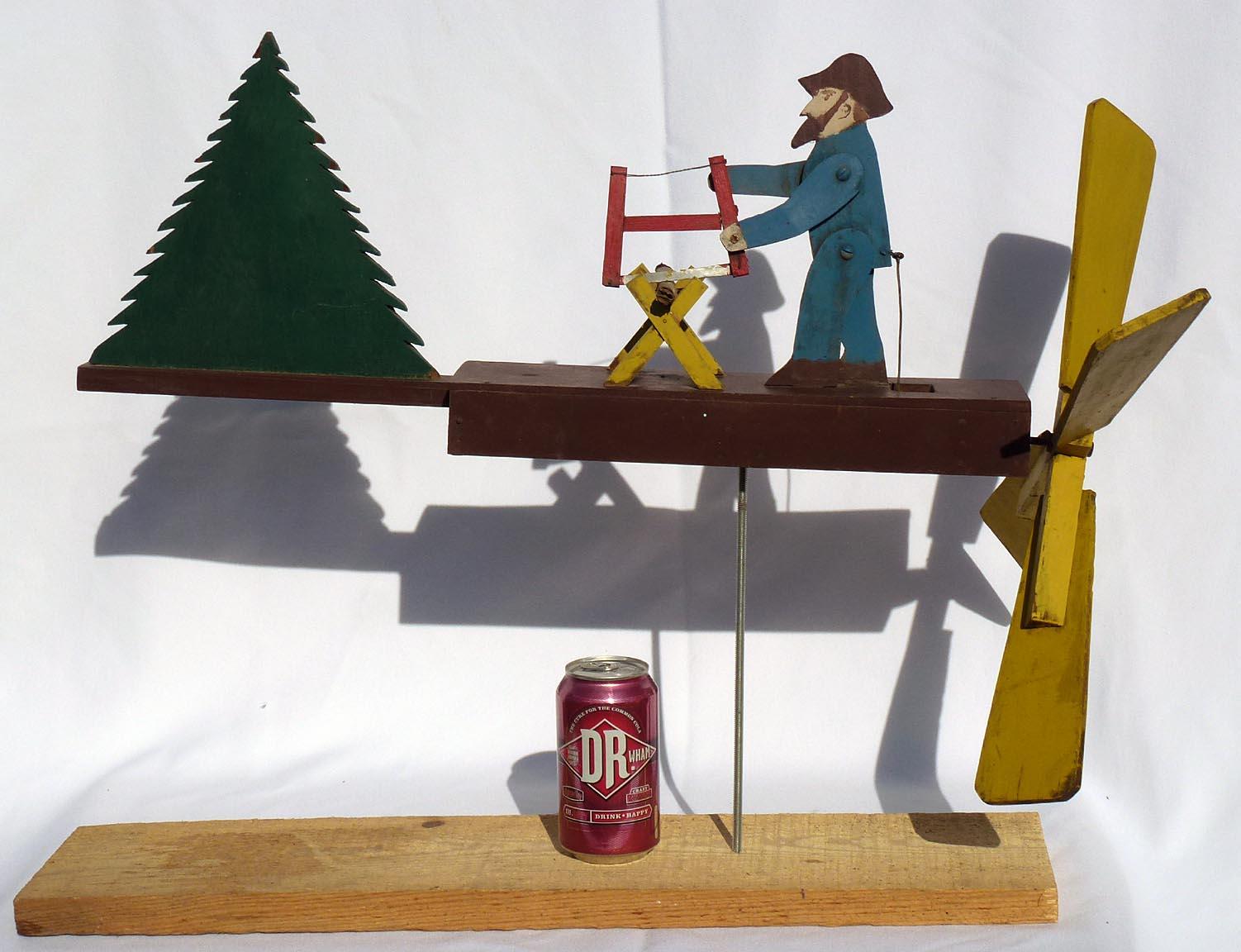 Nicely Painted Whirligig of a Bearded Man Sawing Wood, 2nd Half 20th Century In Good Condition For Sale In Fort Payne, AL