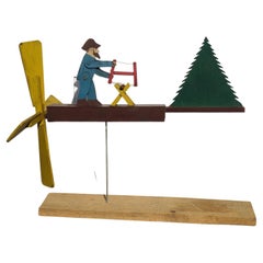Nicely Painted Whirligig of a Bearded Man Sawing Wood, 2nd Half 20th Century