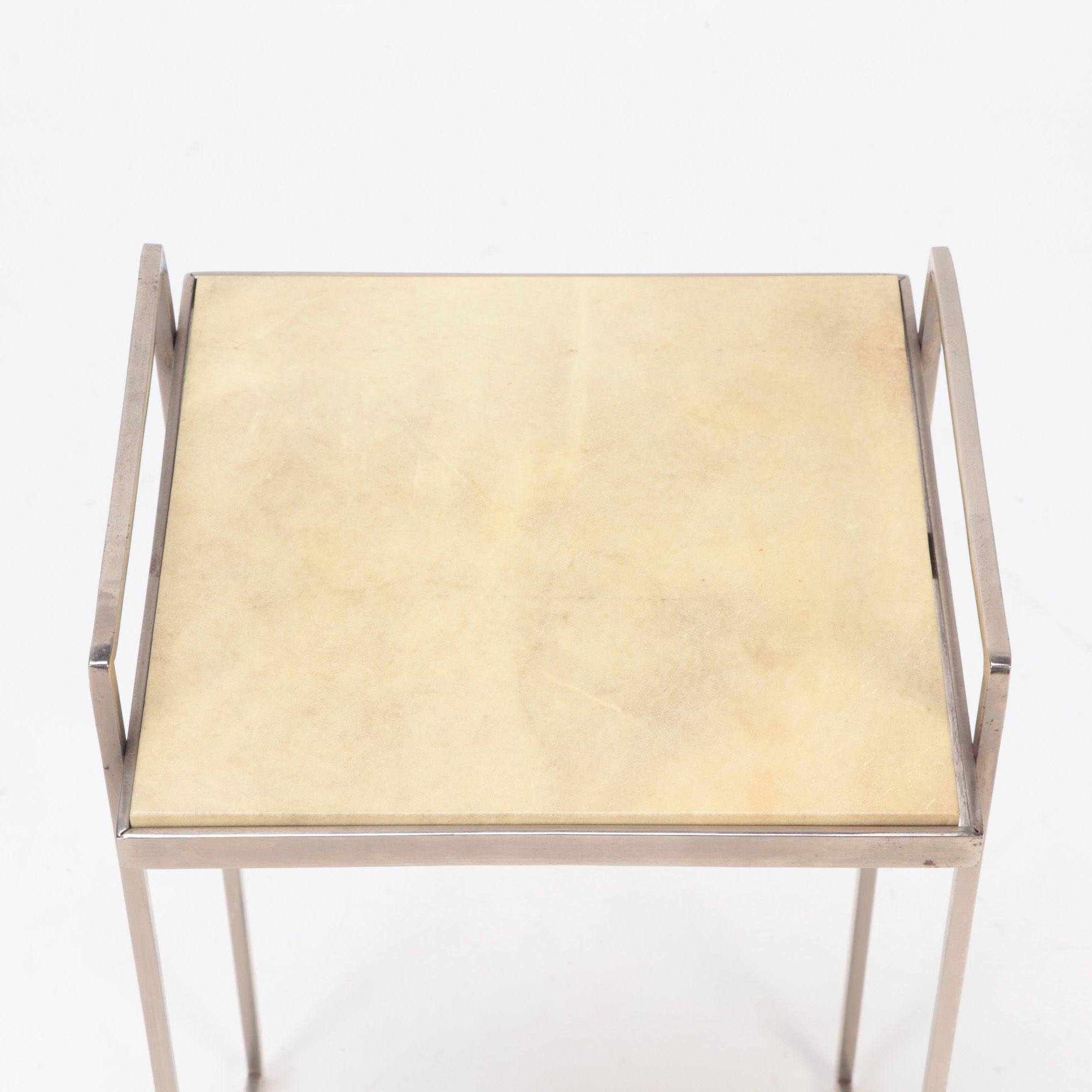 Nickel over Iron Drink Table with Parchment Tops, Contemporary In Good Condition For Sale In Philadelphia, PA