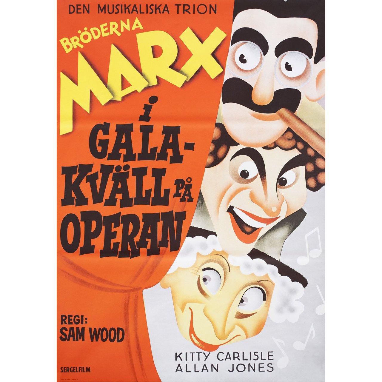 Original 1972 re-release Swedish B1 poster for the 1935 film A Night at the Opera directed by Sam Wood / Edmund Goulding with Groucho Marx / Chico Marx / Harpo Marx / Kitty Carlisle. Fine condition, rolled. Please note: the size is stated in inches