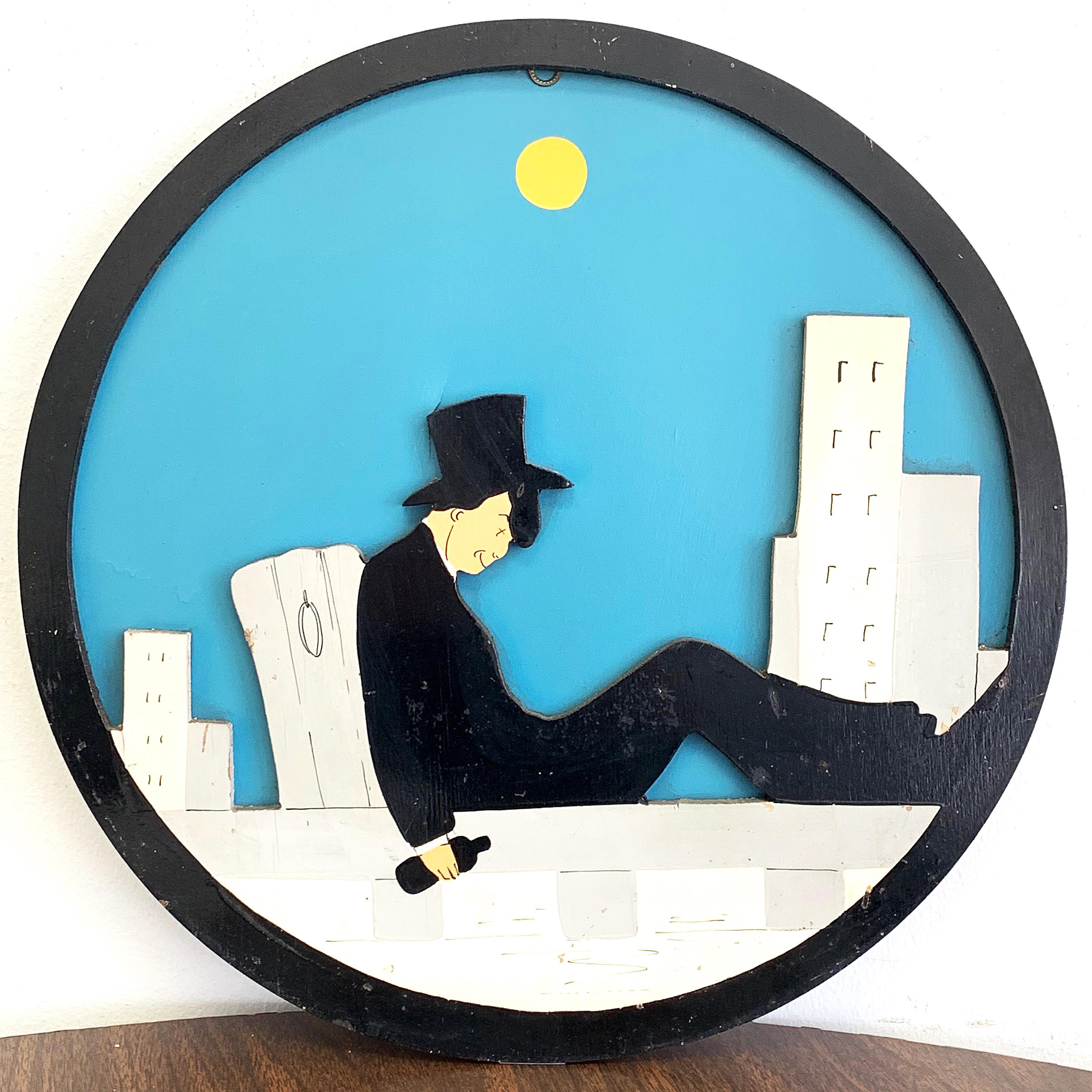 Charming and highly decorative, this pair of rondels tells the story, in concise, abbreviated form, like the illustrations from a book or the sets for a theatre scene, of a tuxedoed gentleman out on the town. The first scene shows him with top hat