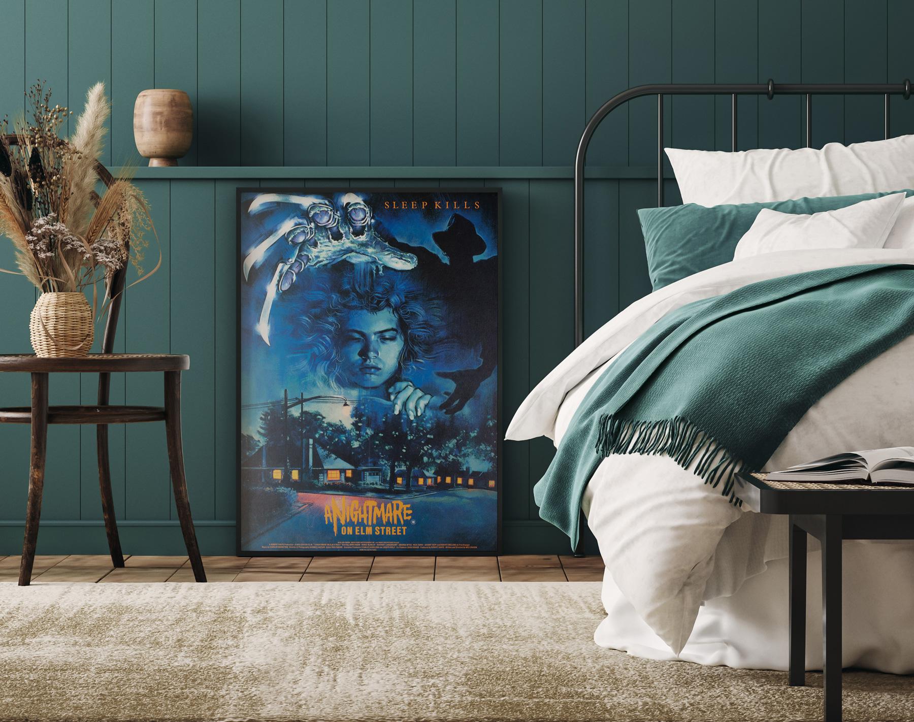 Fabuloso cartel británico de doble corona para la película de terror de los 80 Pesadilla en Elm Street, con un diseño terroríficamente maravilloso de Graham Humphreys. El diseño de Humphreys para la campaña británica es indiscutiblemente el mejor