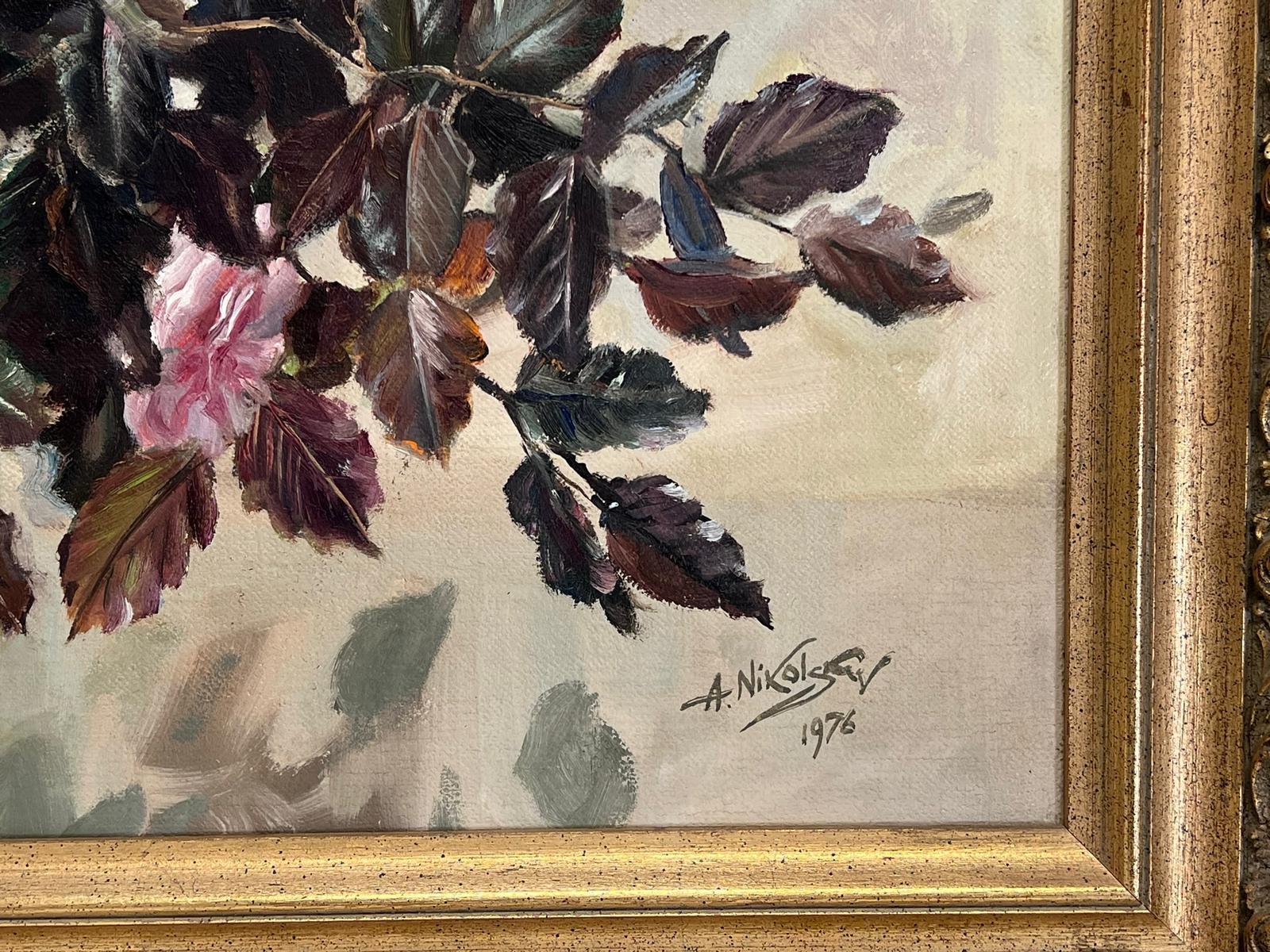 Large 1970's Impressionist Signed Oil Painting Profusion of Roses in Glass Bowl For Sale 2