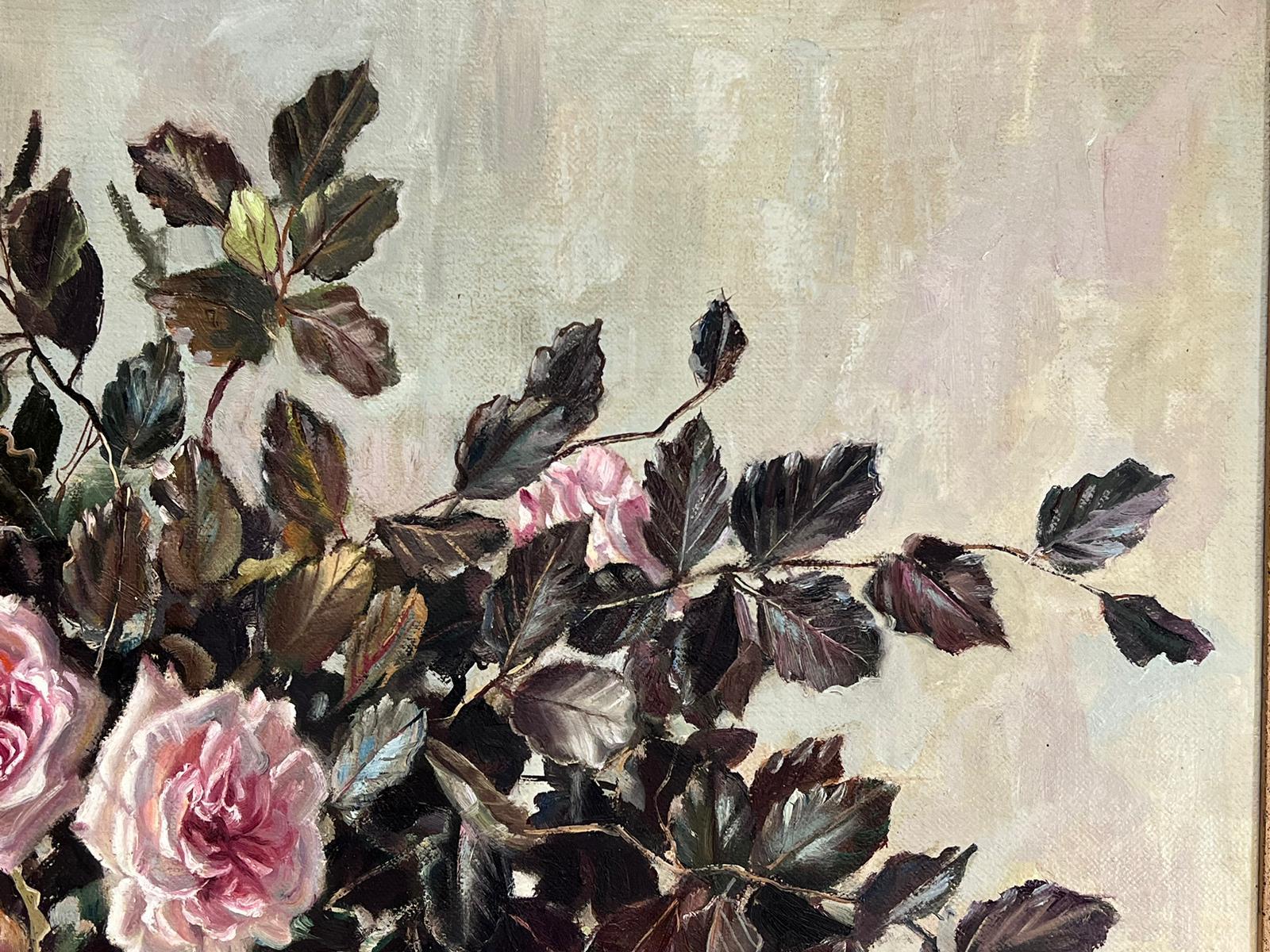 Large 1970's Impressionist Signed Oil Painting Profusion of Roses in Glass Bowl 2