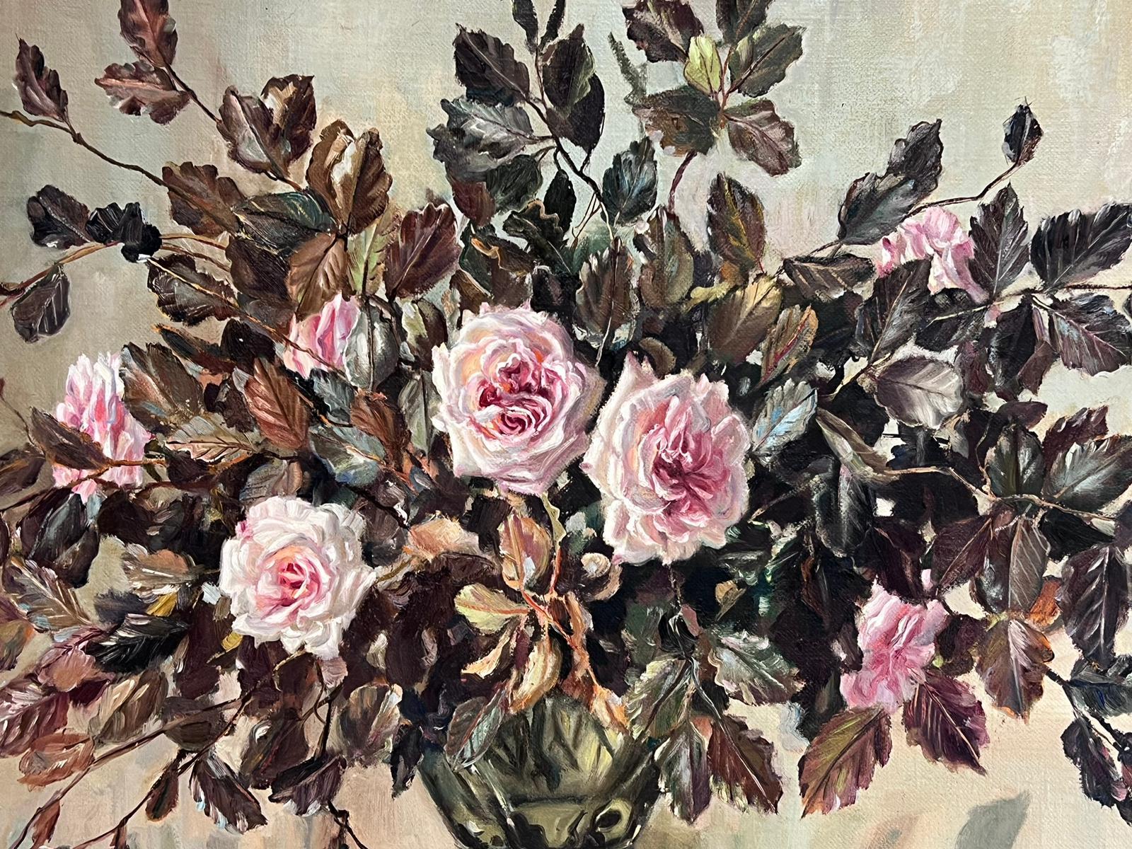 Large 1970's Impressionist Signed Oil Painting Profusion of Roses in Glass Bowl For Sale 4