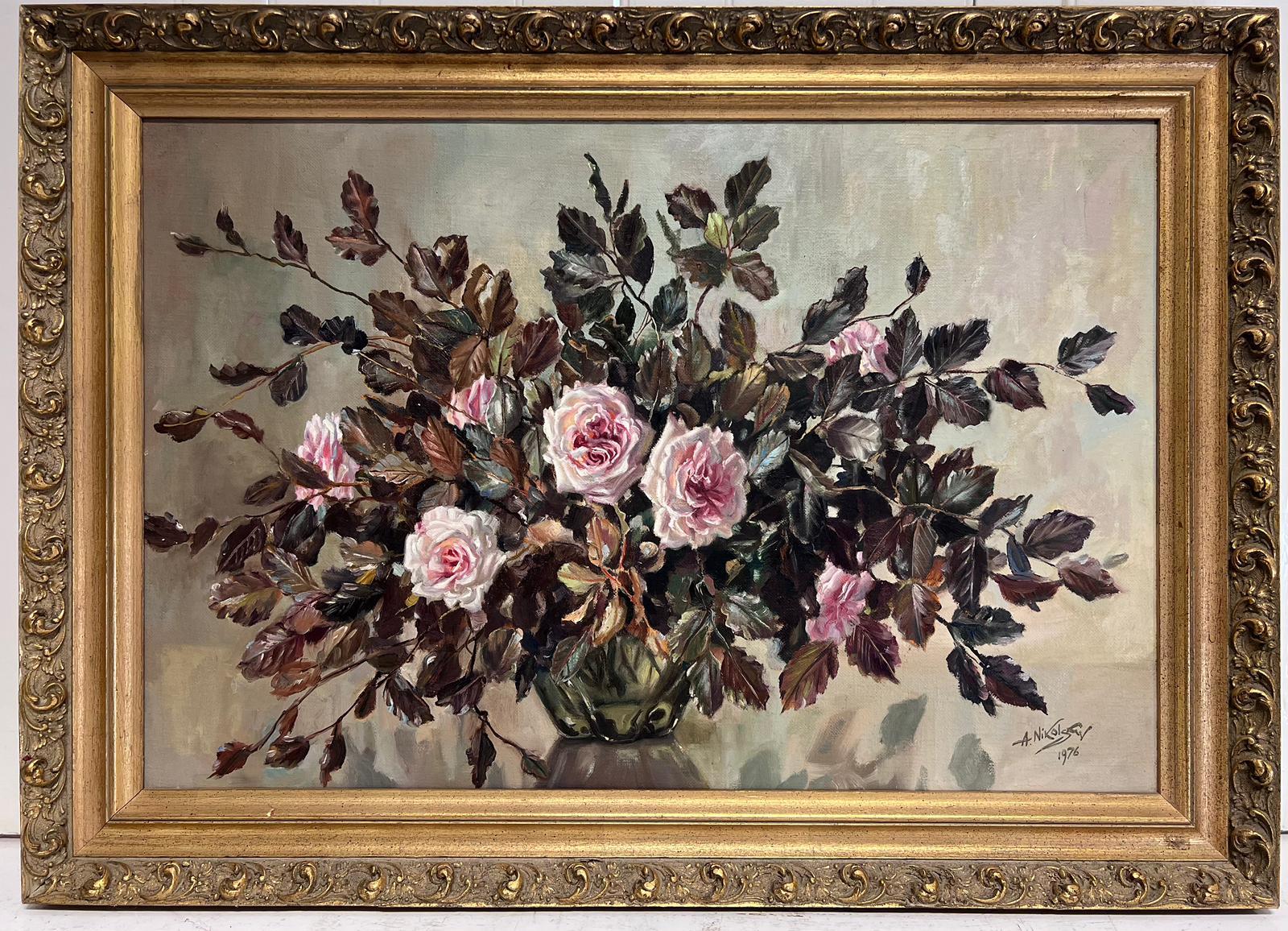 A. Nikolsky Interior Painting - Large 1970's Impressionist Signed Oil Painting Profusion of Roses in Glass Bowl