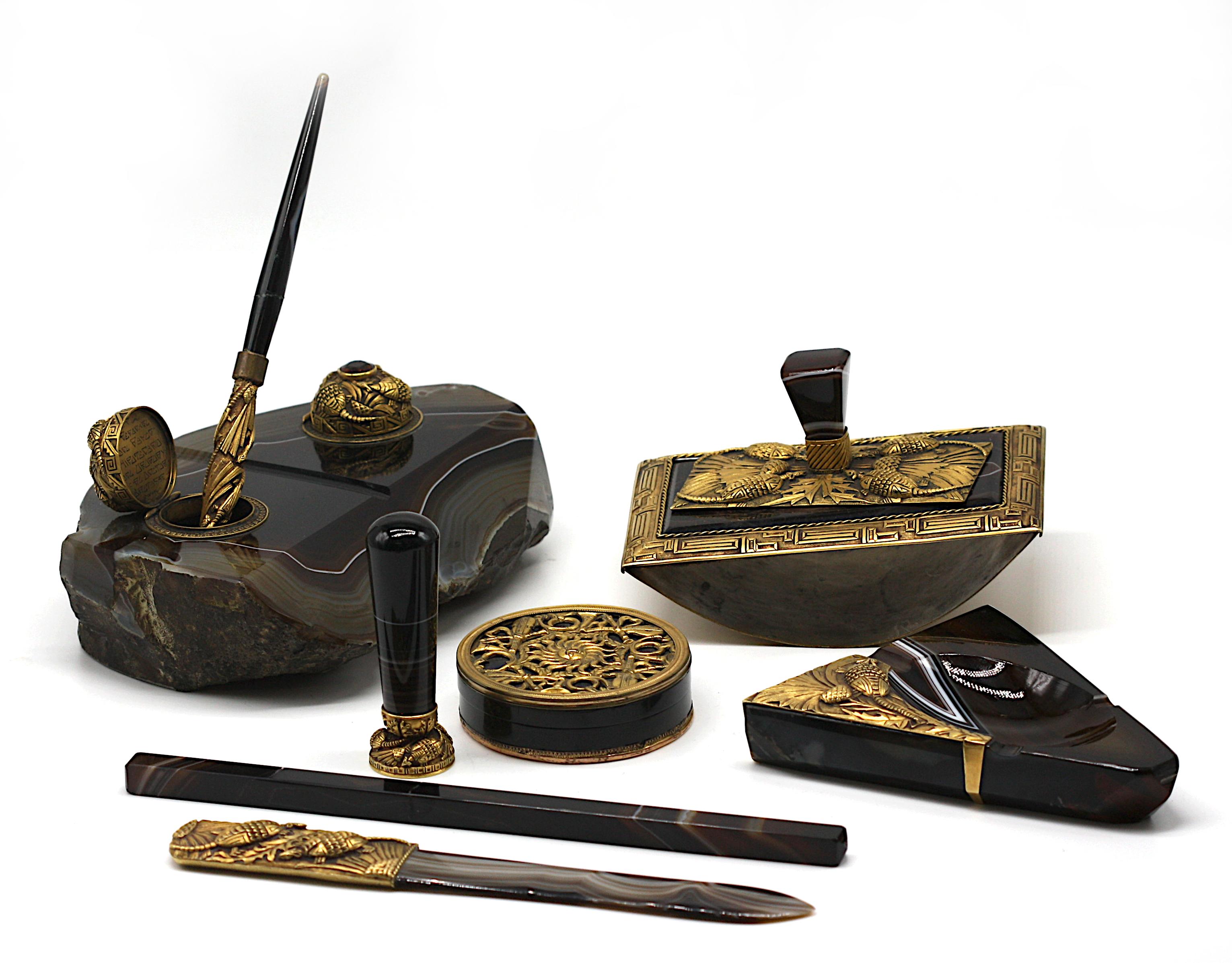 Nine-Piece Gilt-Metal and Stone-Inlaid Assembled Desk Set 20th Century In Good Condition For Sale In West Palm Beach, FL