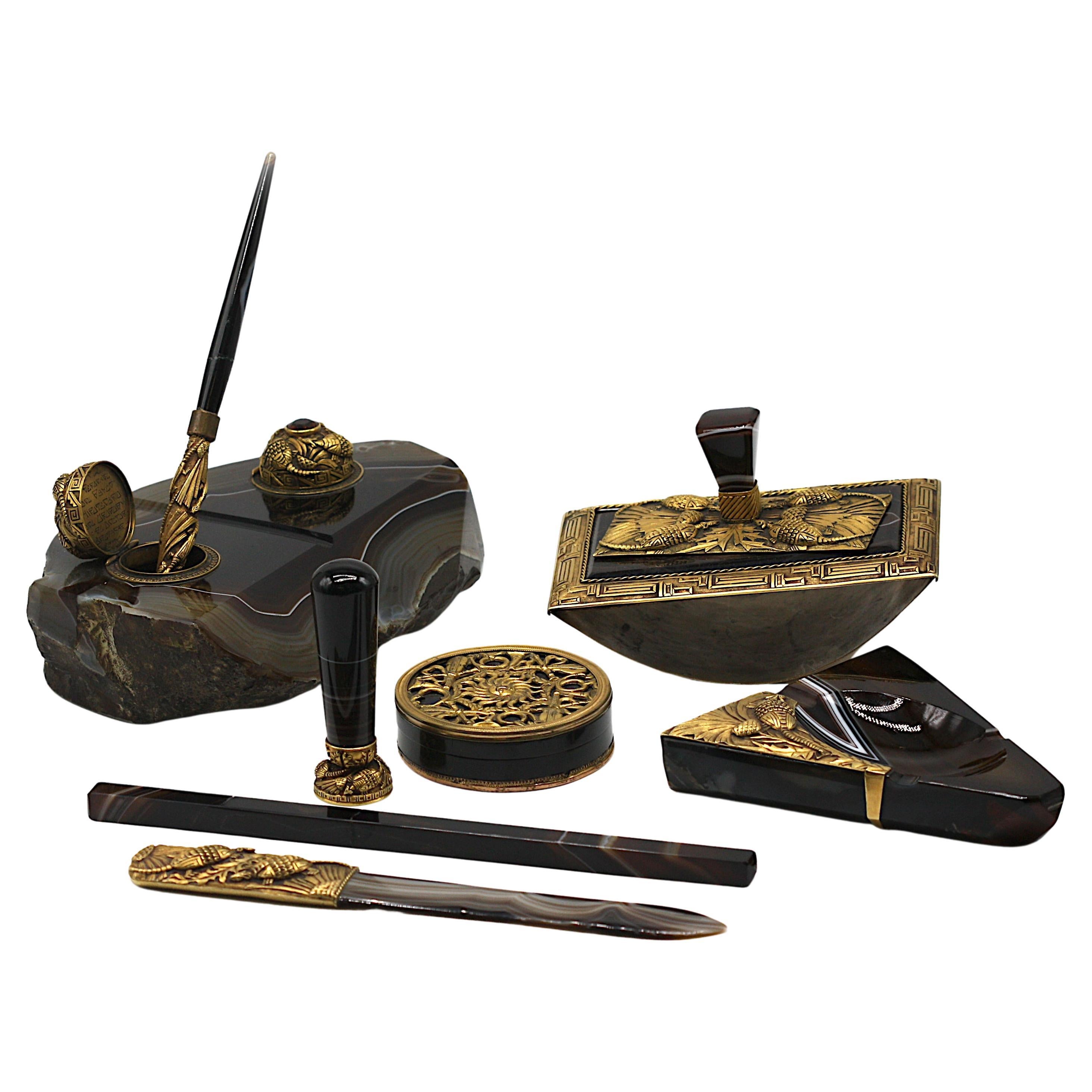 Nine-Piece Gilt-Metal and Stone-Inlaid Assembled Desk Set 20th Century For Sale