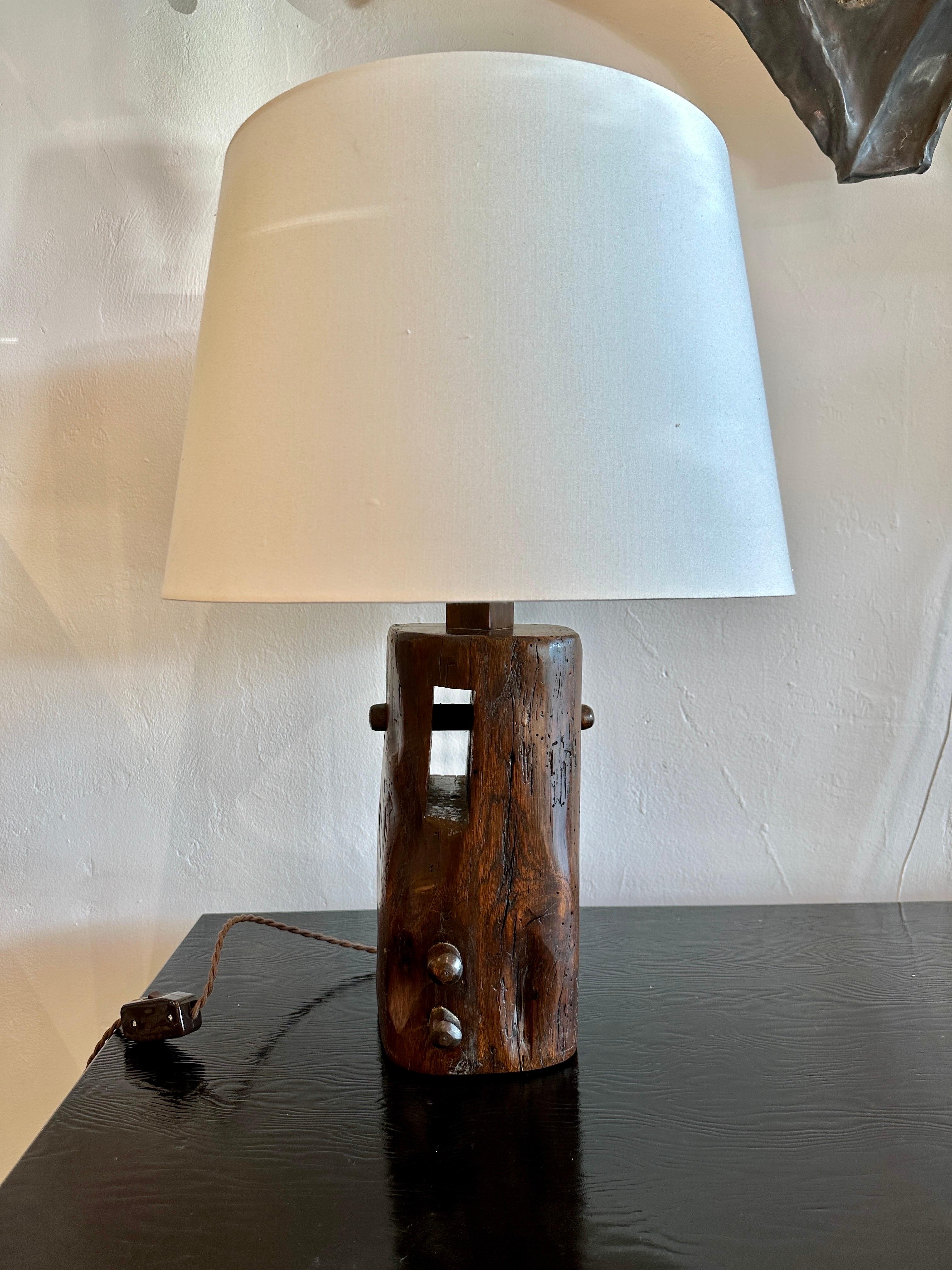 In the spirit of Alexandre Noll, this is a vintage ALL natural wood block base with cut out and knobs. Shade shown here is NOT INCLUDED - for photography and scale purposes only.  THIS ITEM IS LOCATED AND WILL SHIP FROM OUR EAST HAMPTON, NY SHOWROOM.