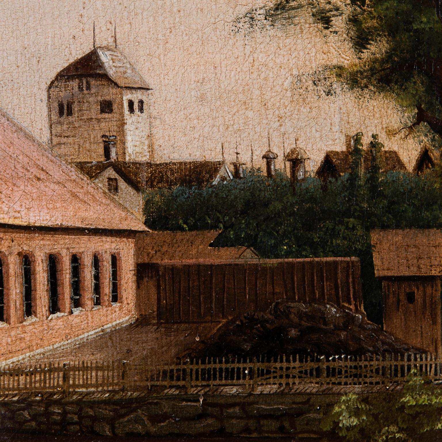 Wood Northern European Oil on Canvas Painting of a Factory Complex, circa 1850 For Sale