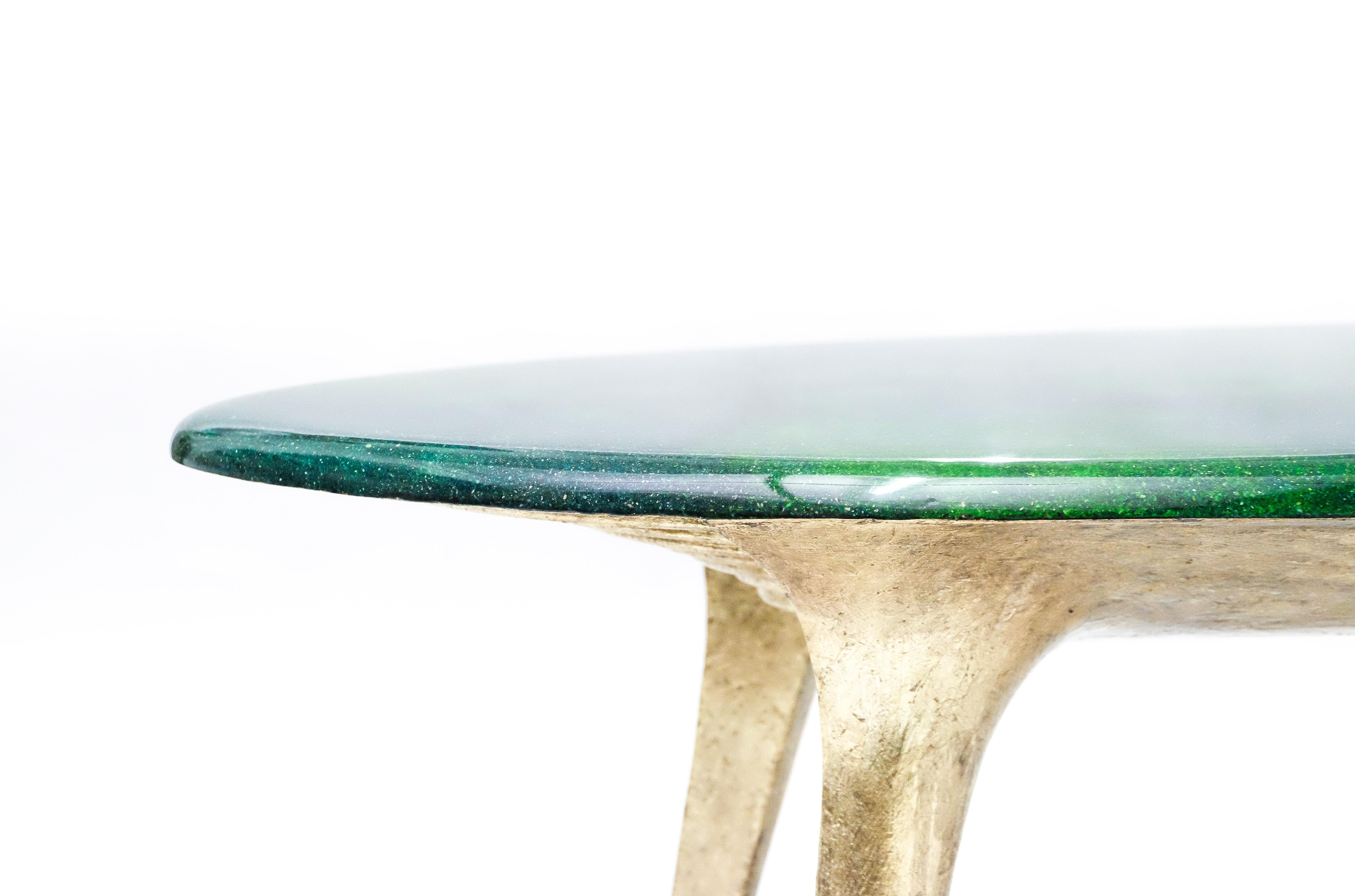 French Noste Bench Vert, 21st Century Handcarved Wood, Resin and Bronze Leaf Bench