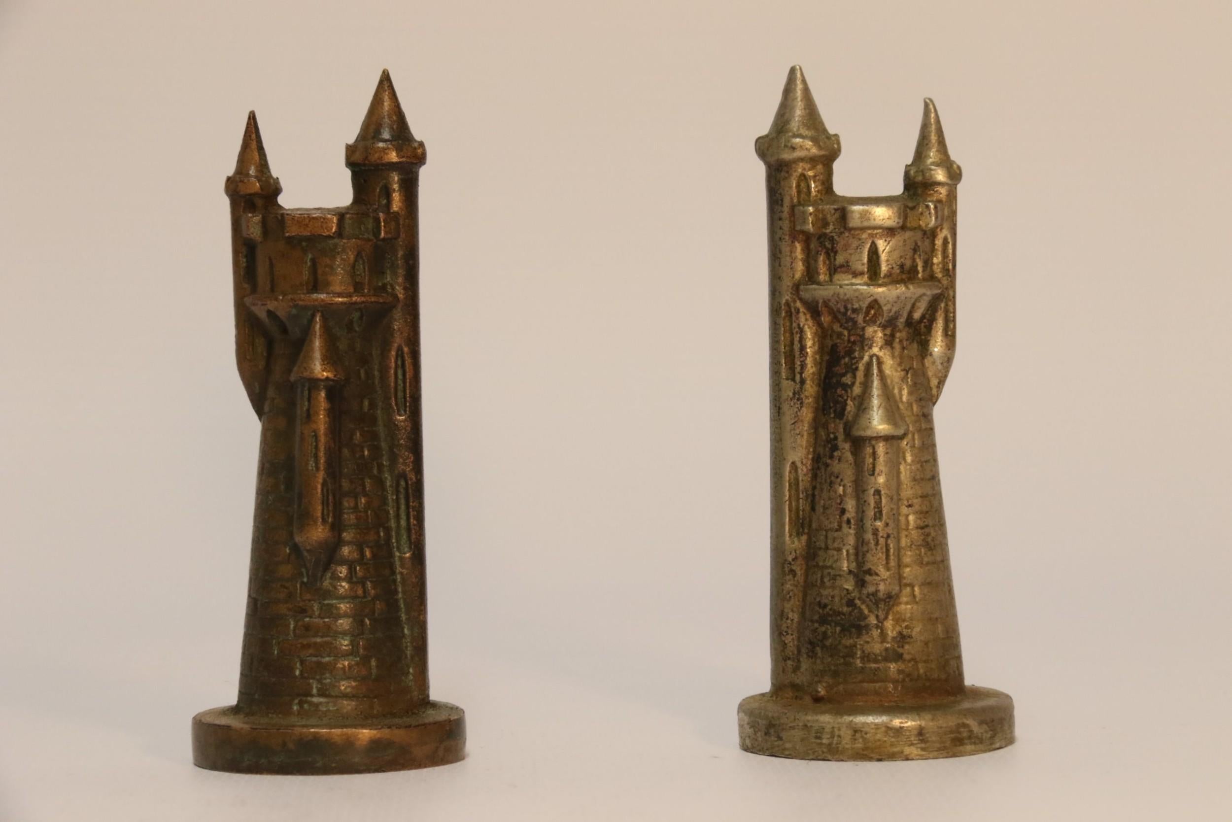 English Novelty Heavy Cast Nickel and Bronze Chess Set Modeled on Medieval Figures For Sale
