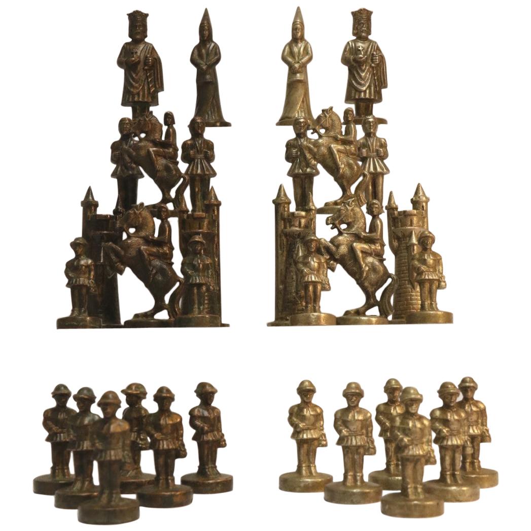 Novelty Heavy Cast Nickel and Bronze Chess Set Modeled on Medieval Figures For Sale