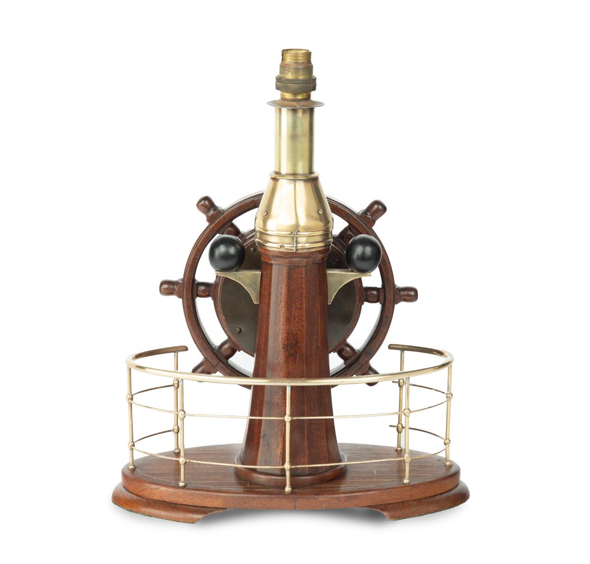 English A novelty maritime teak, mahogany and brass table lamp For Sale