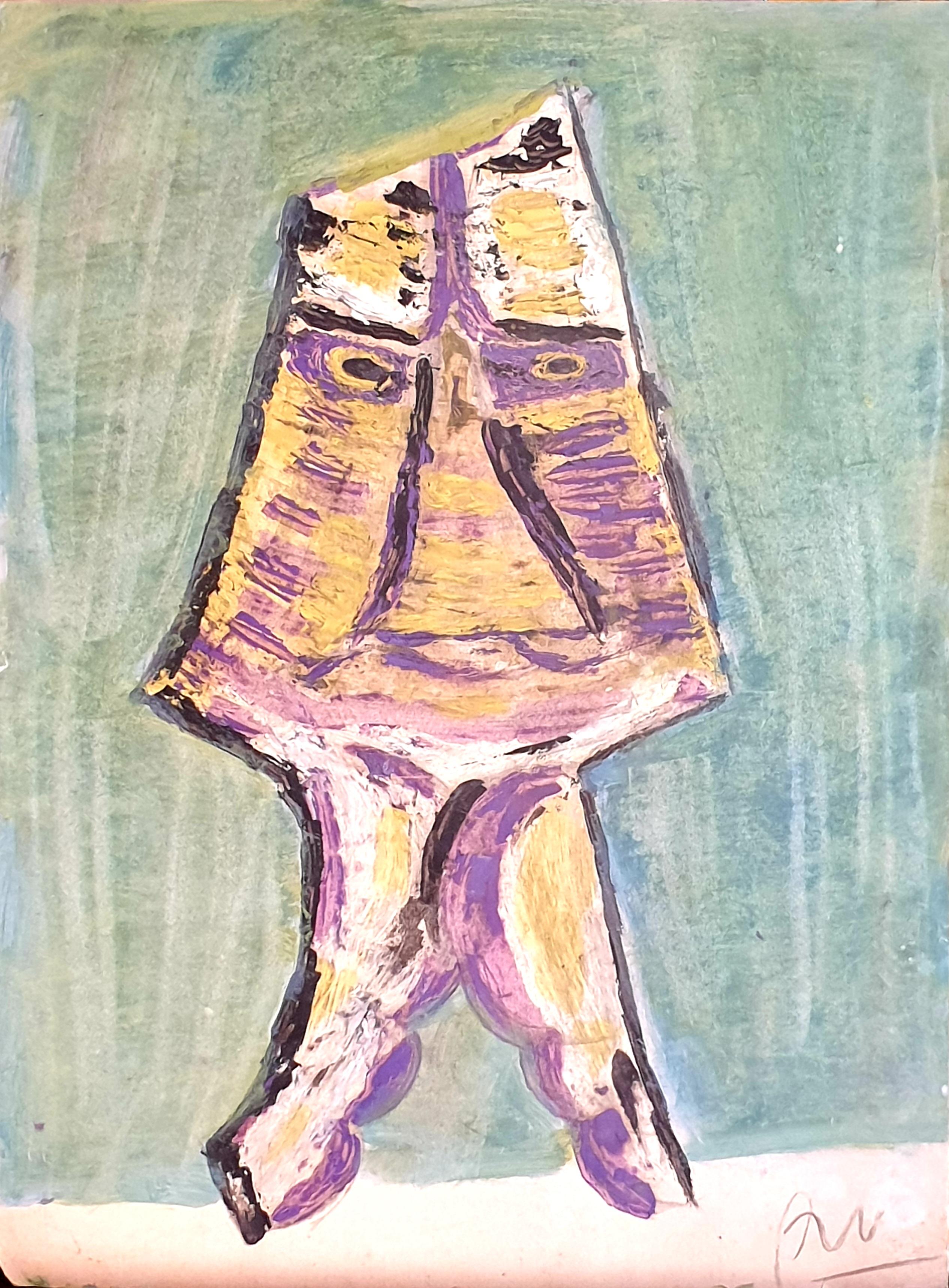 Abstract Expressionist CoBRA Style Fantastical Figure. Acrylic on Card.