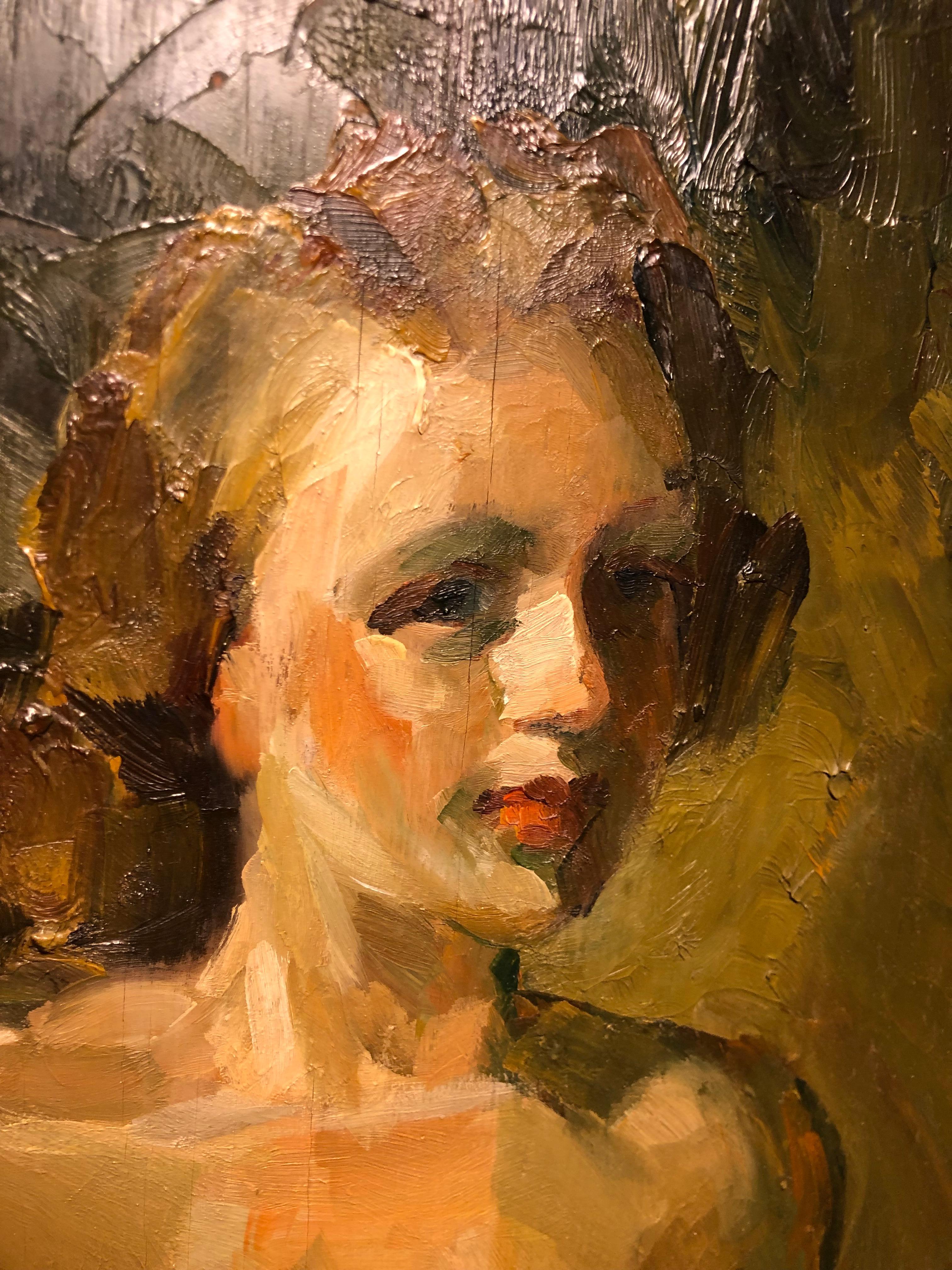Portrait d'une femme assise, huile sur panneau, par Christian Aabye Tage en vente 2